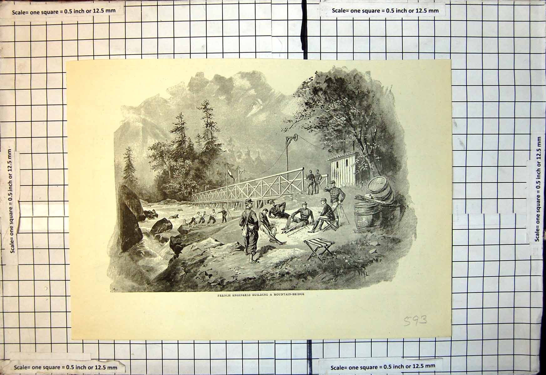 Original Old Antique Print French Engineers Building Mountain Bridge 1893 19th