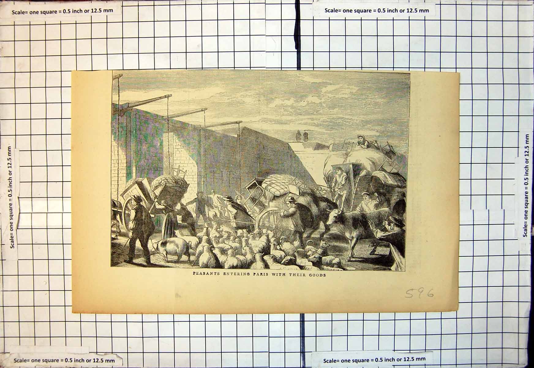 Antique Old Print Peasants Entering Paris With Their Goods Cattle Sheep Pigs