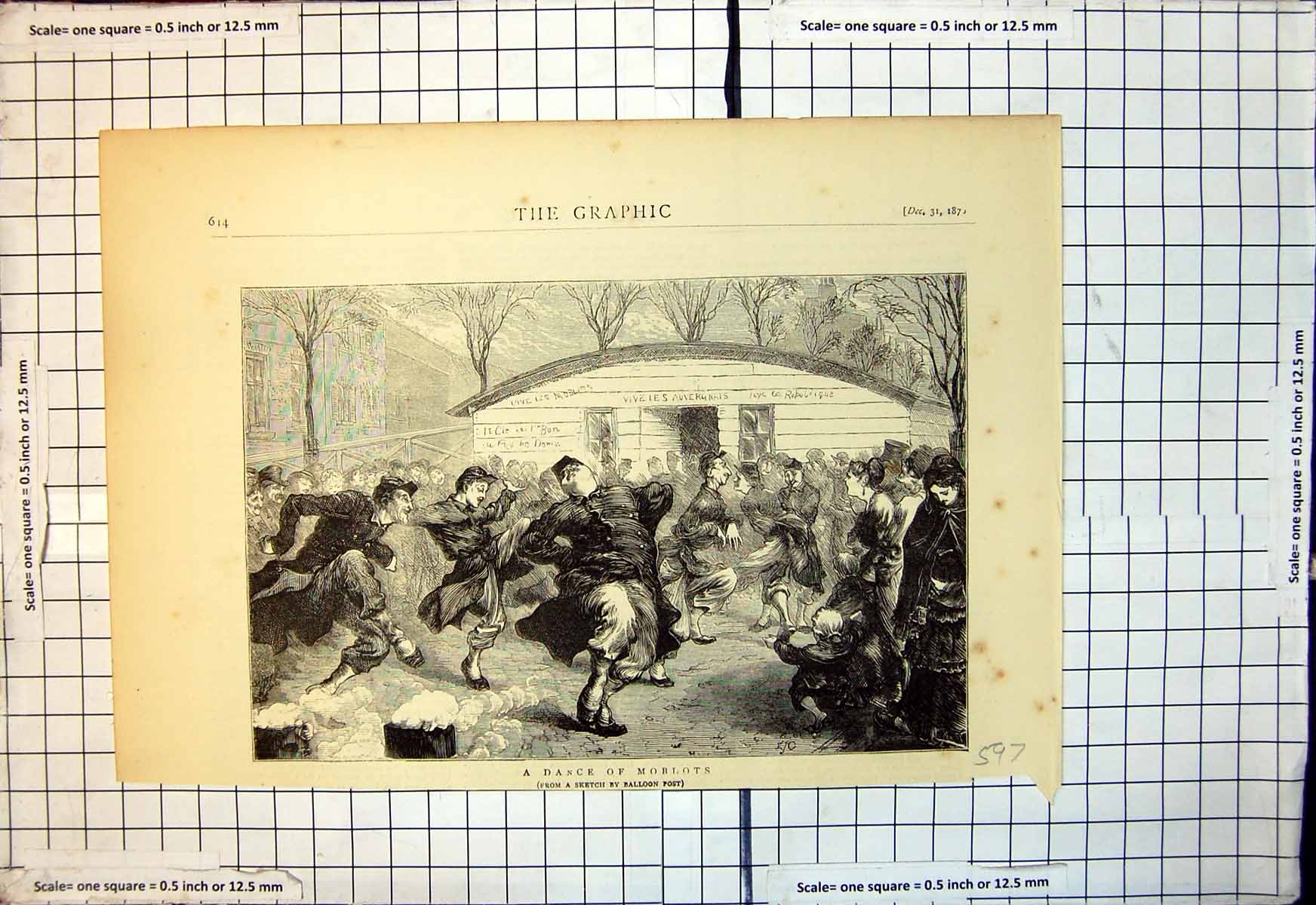 Old Print Dance Moblots Vive Auvergnats Vive Republique Balloon Post 1870 19th