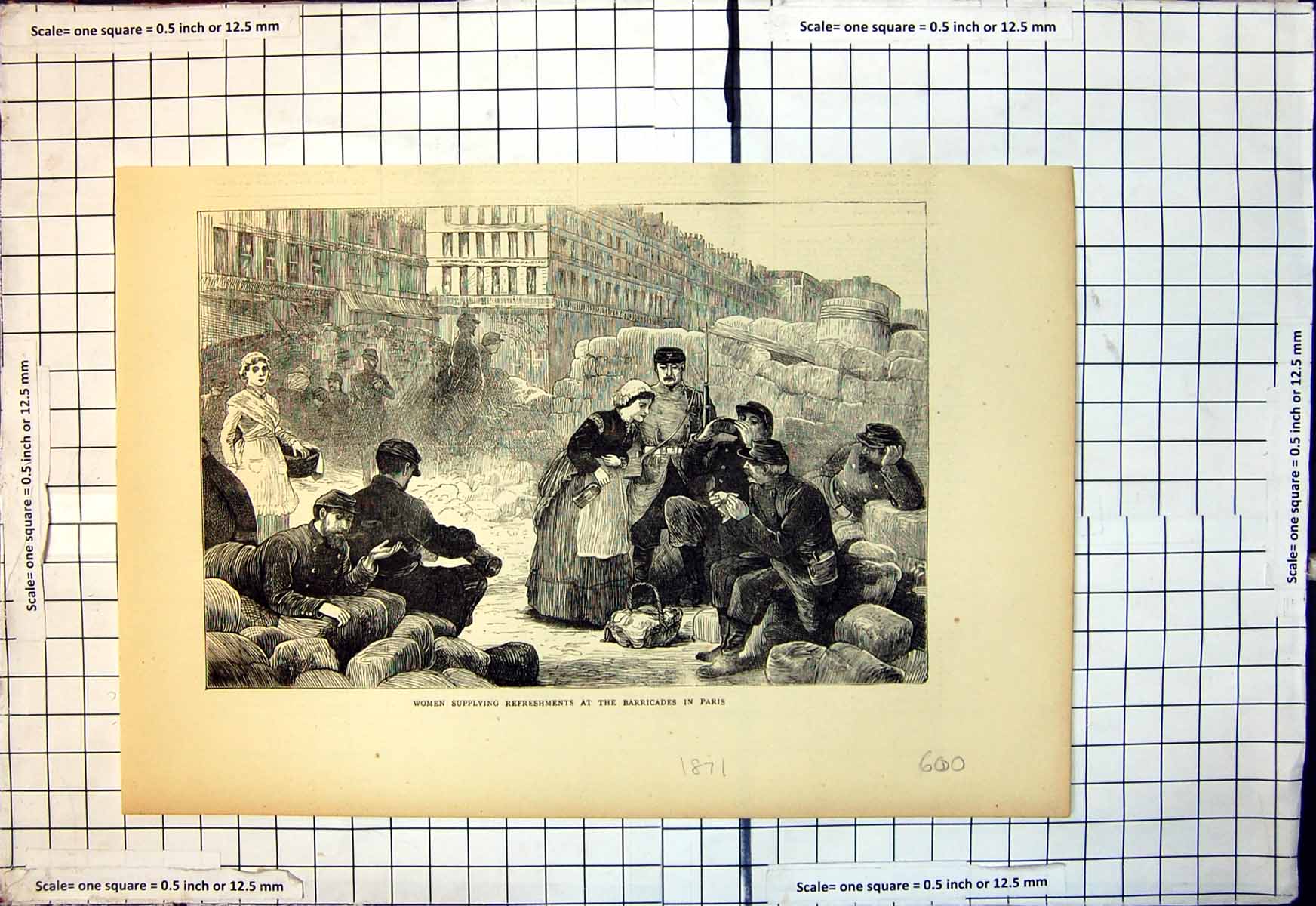 Original Old Antique Print Women Suppling Refreshments Barricades Paris 1871