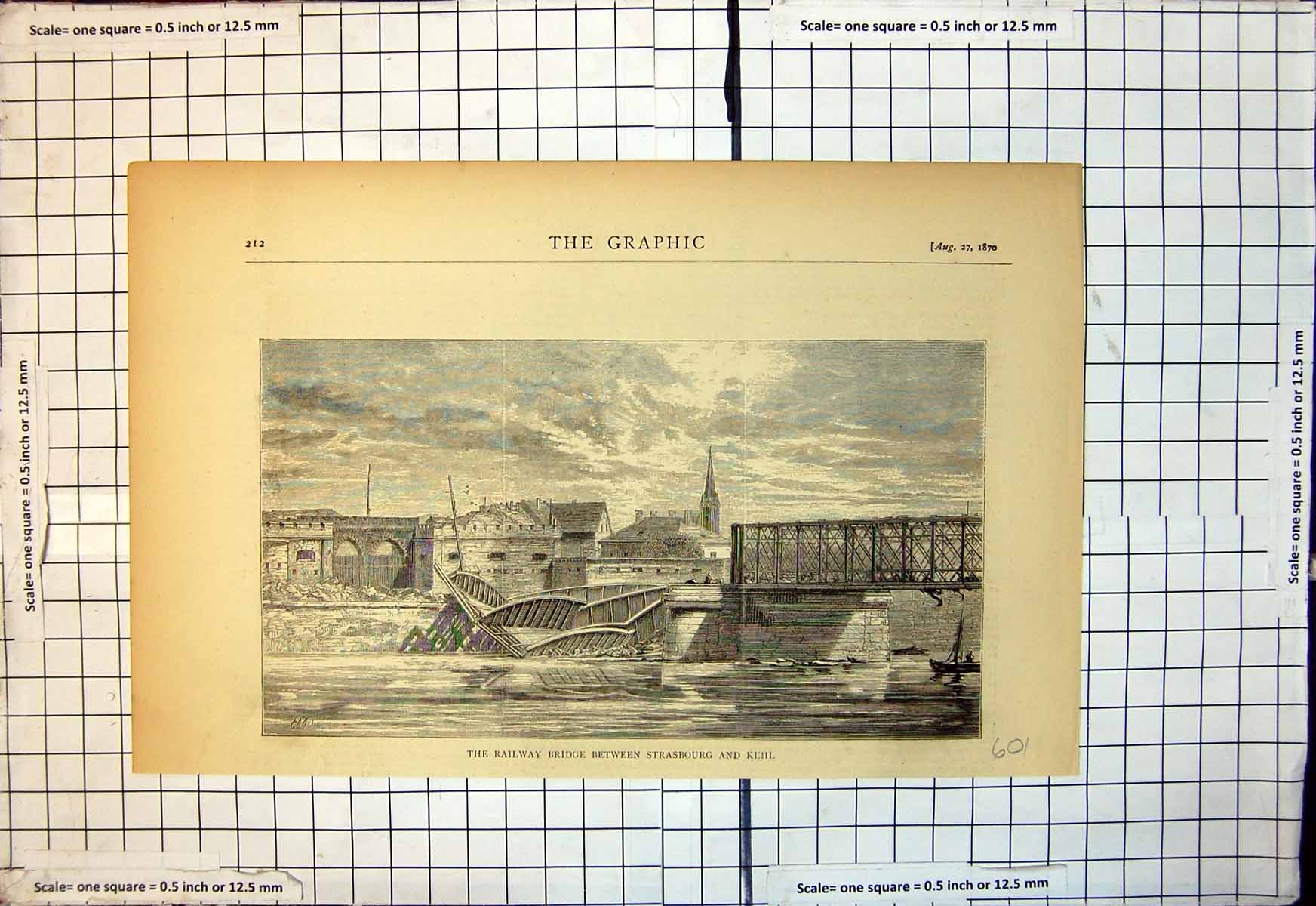 Original Old Antique Print Railway Bridge Between Strasbourg Kehl 1870 19th