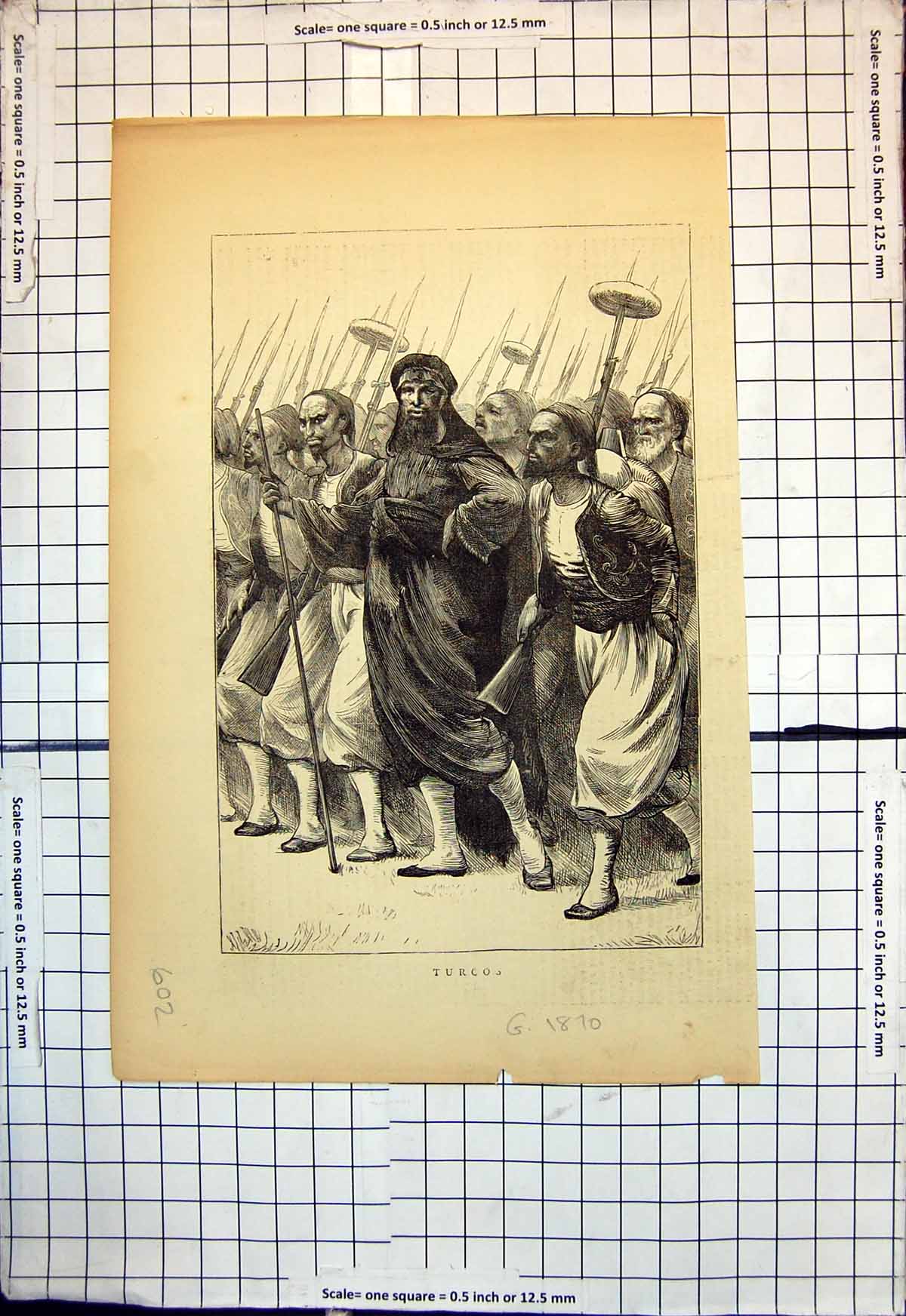 Original Old Antique Print Turcos Group Men Rifles Spears Beards Headdress 1870