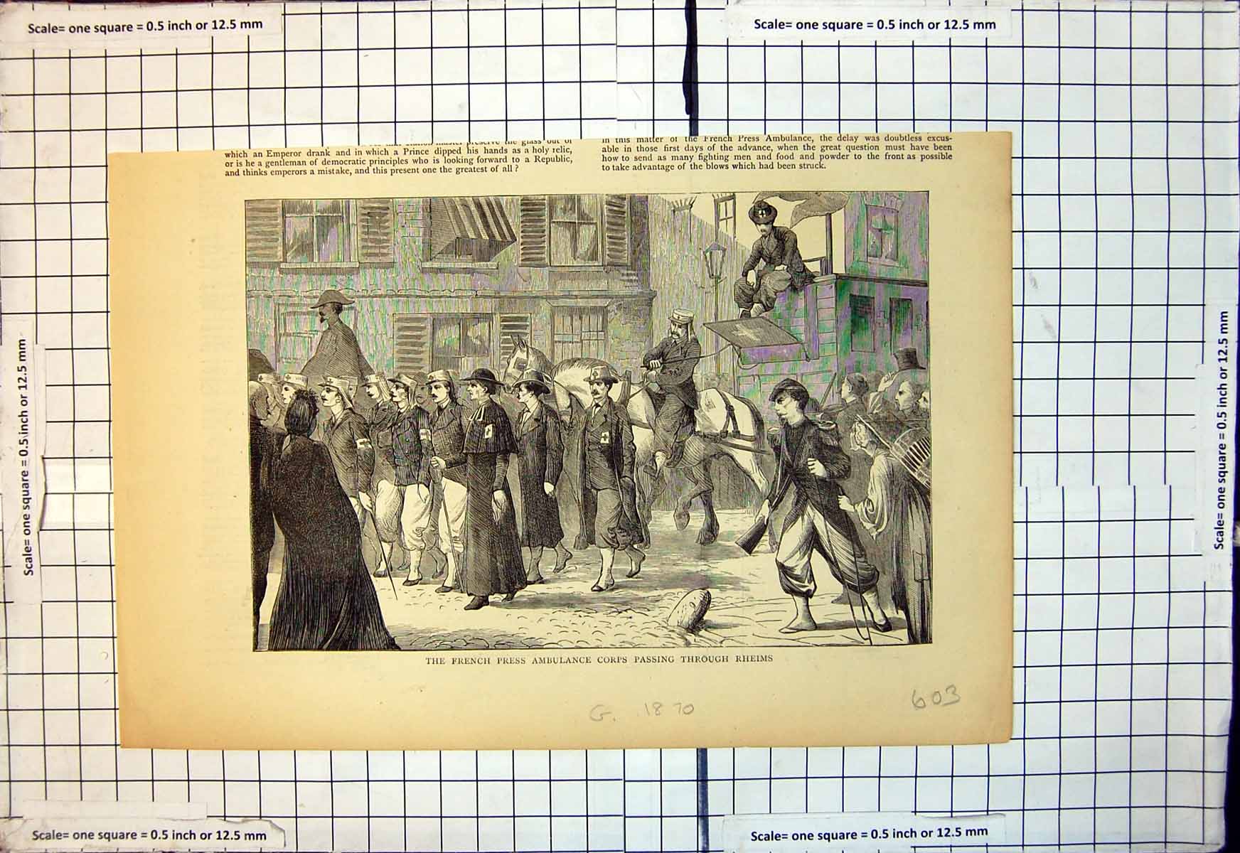 Antique Old Print French Press Ambulance Corps Passing Through Rheims 1870 19th
