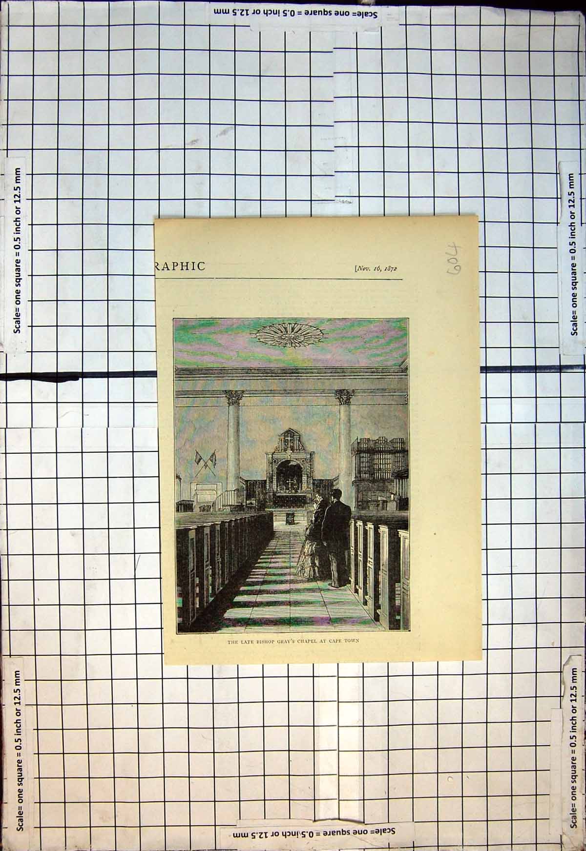 Original Old Antique Print Late Bishop Grays Chapel At Cape Town Interior 1872