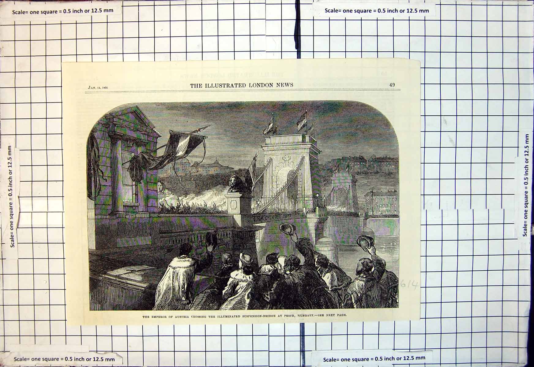 Antique Print Emperor Austria Crossing Suspension Bridge Pesth Hungary 1866
