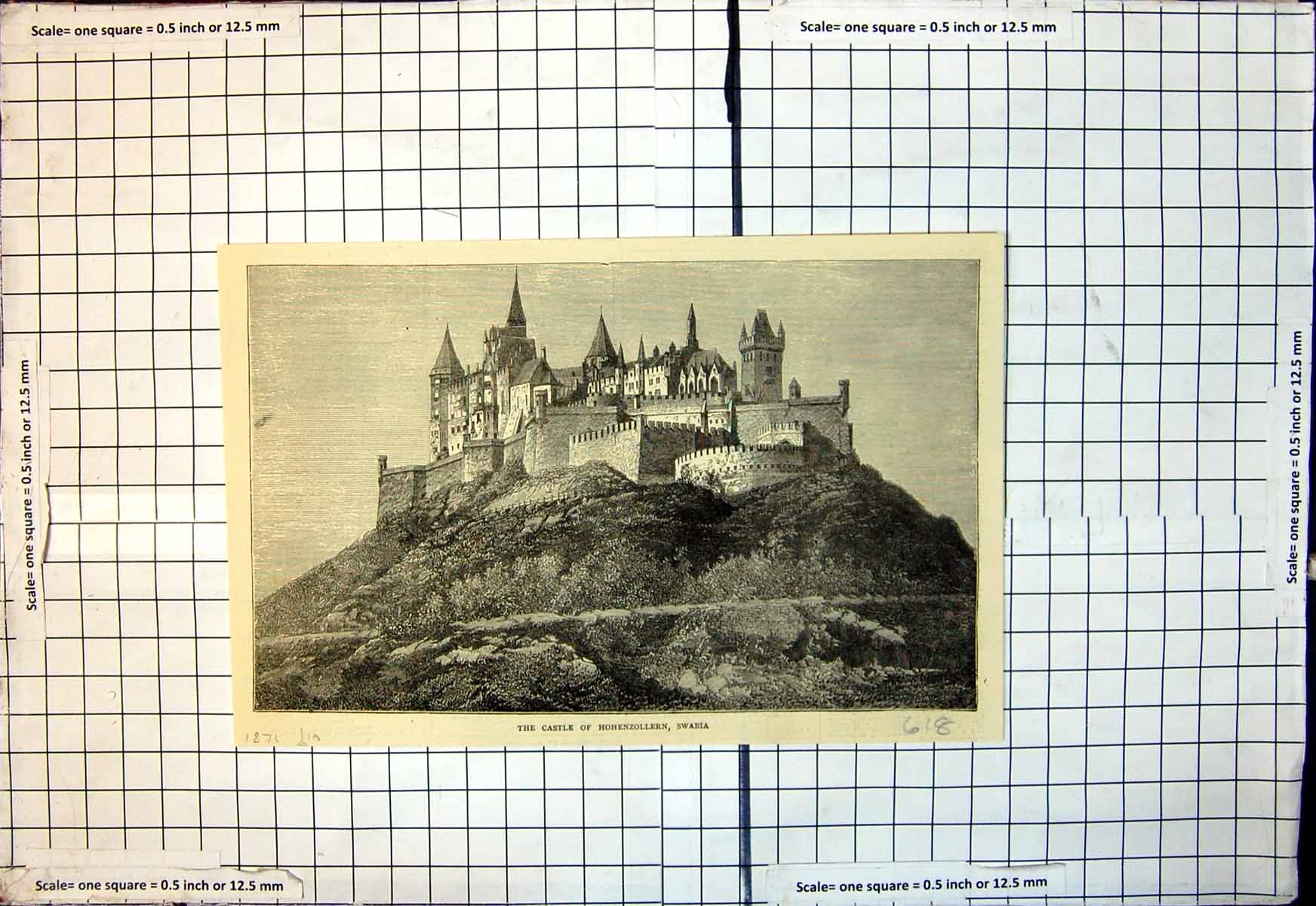 Original Old Antique Print Castle Hohenzollern Swabia Built Hill 1871 Victorian