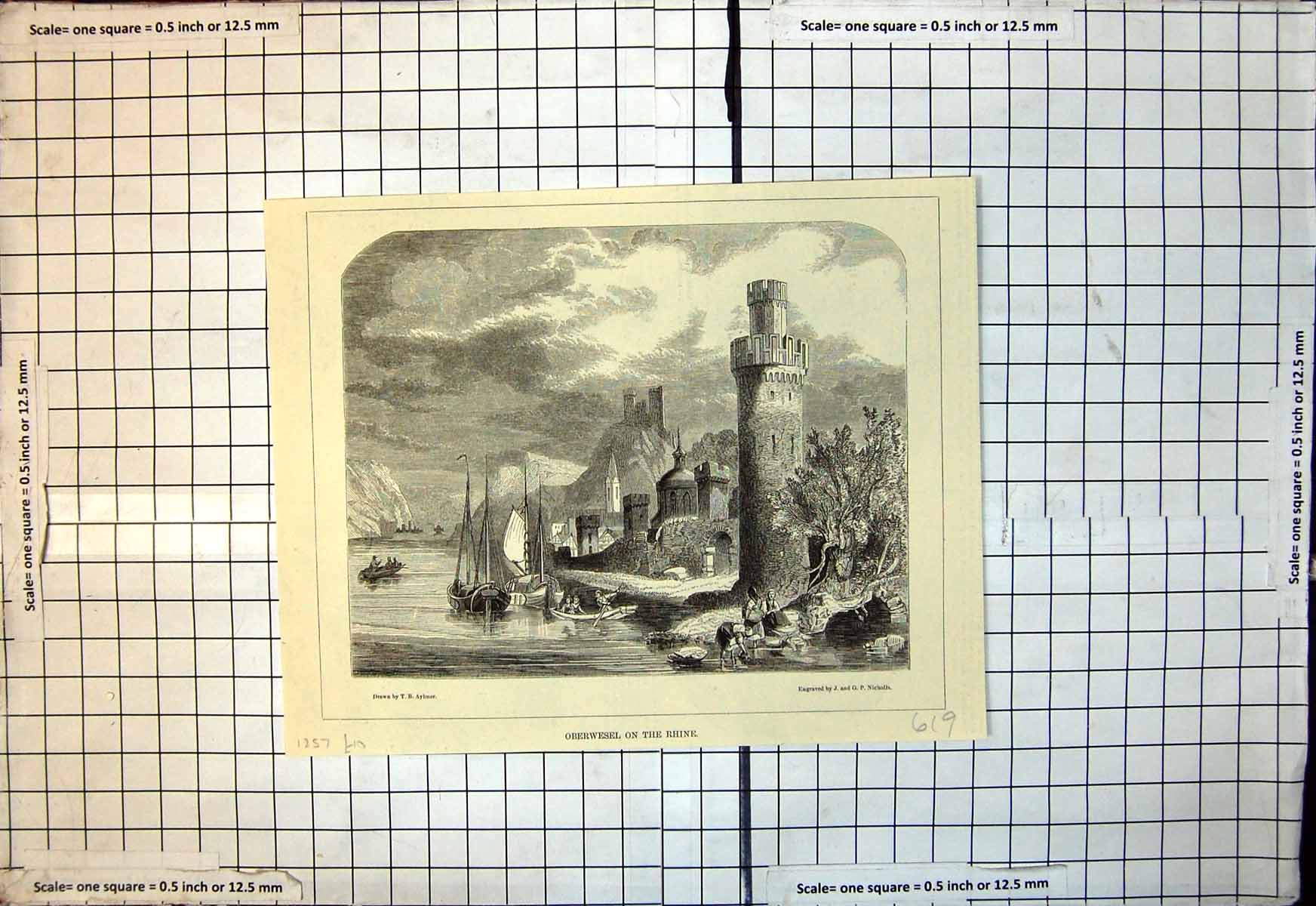 Old Print Oberwesel On Rhine Boats River Tower Church Town Tb Aylmer 1857 19th