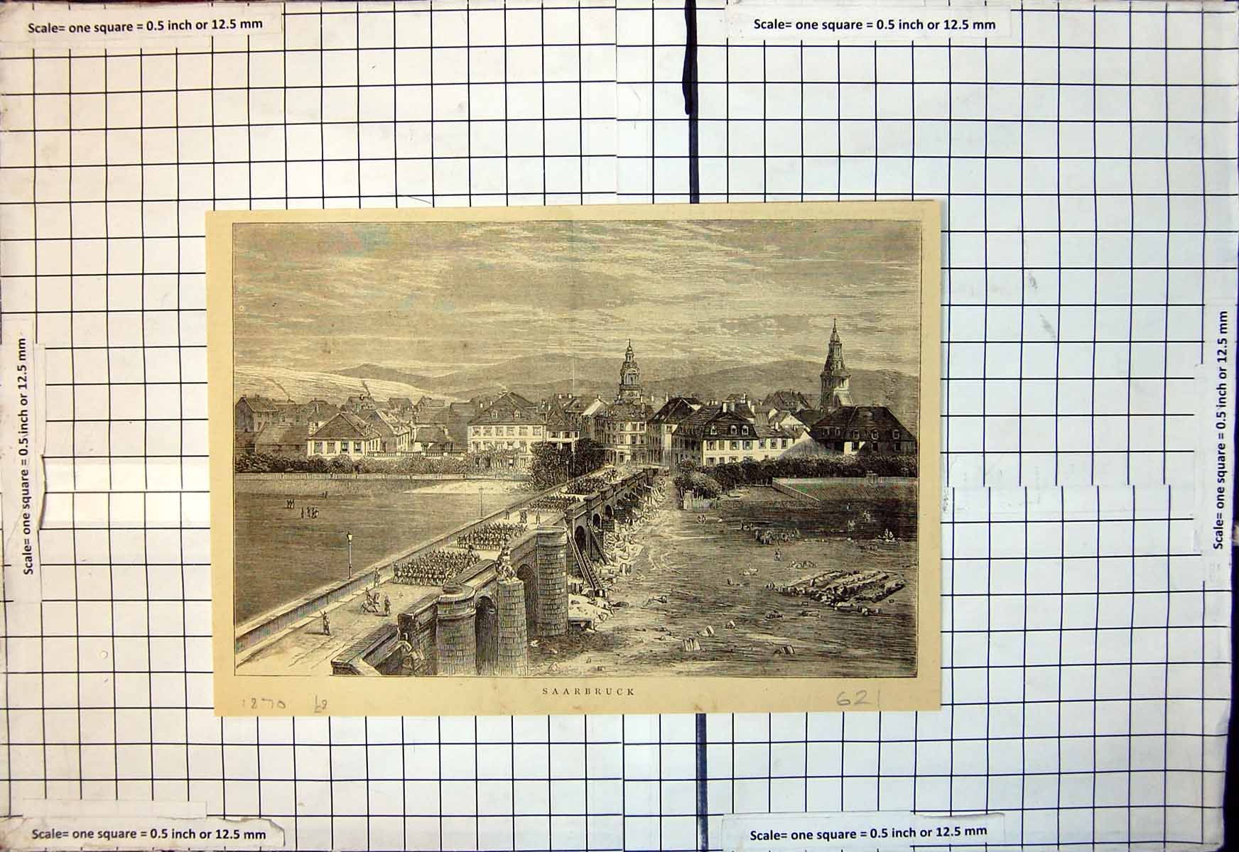 Original Old Antique Print Town Saarbruck Siers Parade Bridge 1870 Victorian
