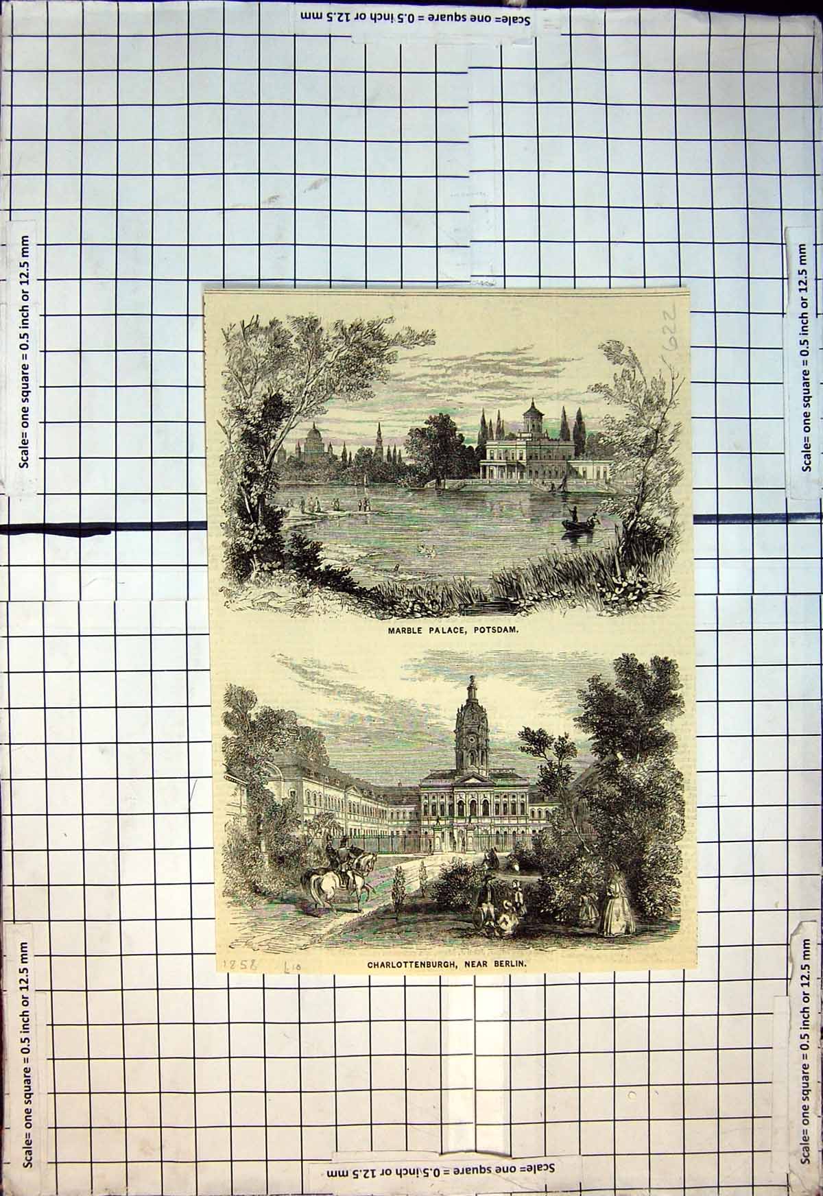 Old Antique Print Marble Palace Potsdam Charlottenburgh Near Berlin 1858 19th