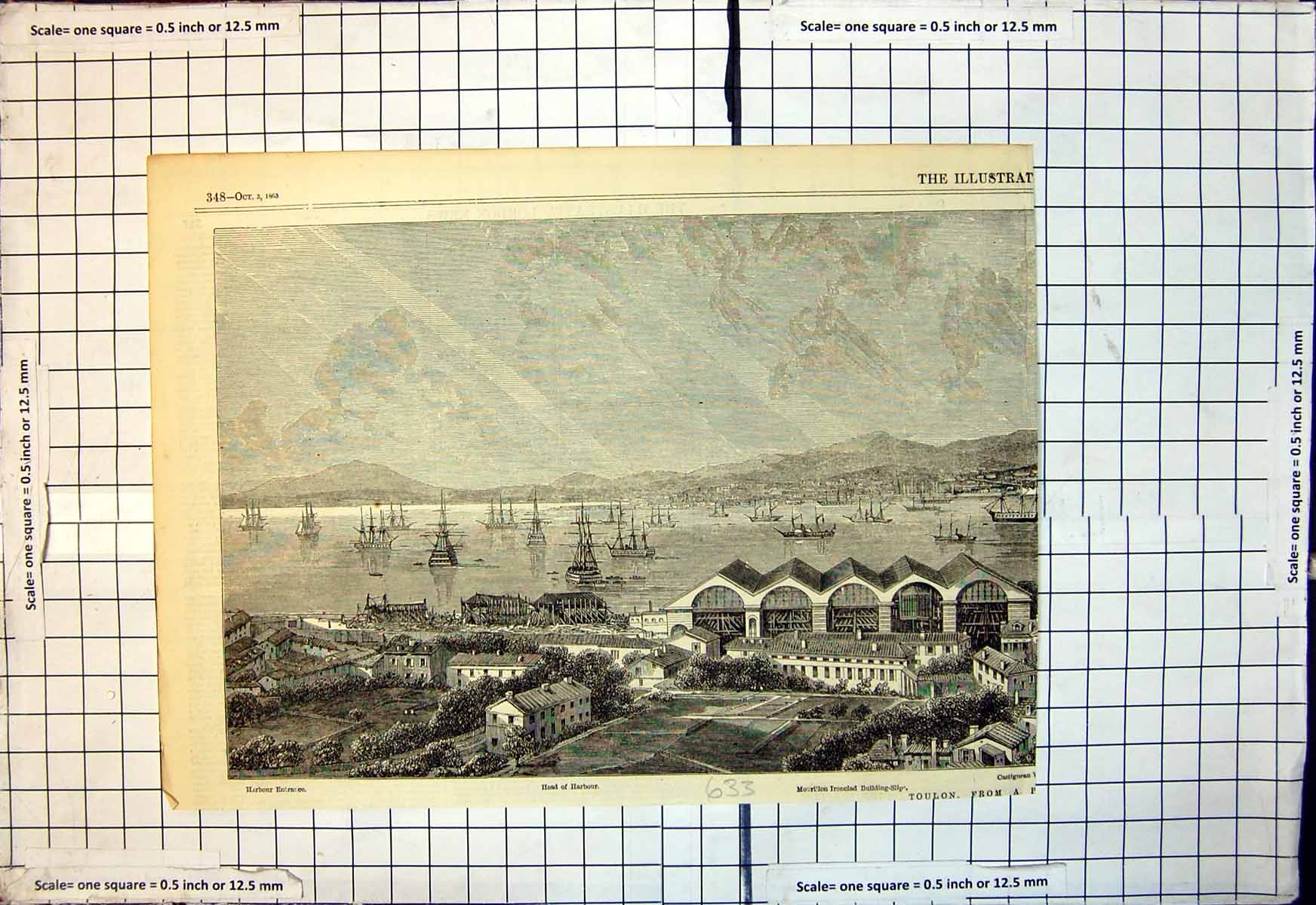 Antique Print Toulon Harbour Entrance Mourillon Ironclad Building Ship 1863