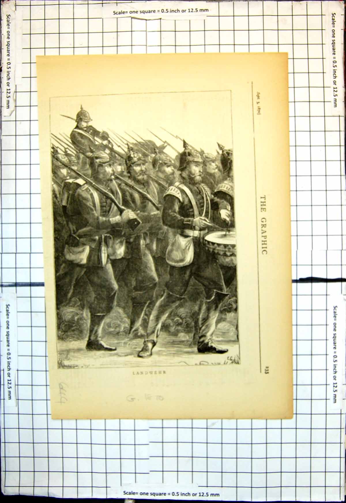 Original Old Antique Print Landwehr Siers Marching Drums Bayonets Helmets 1870