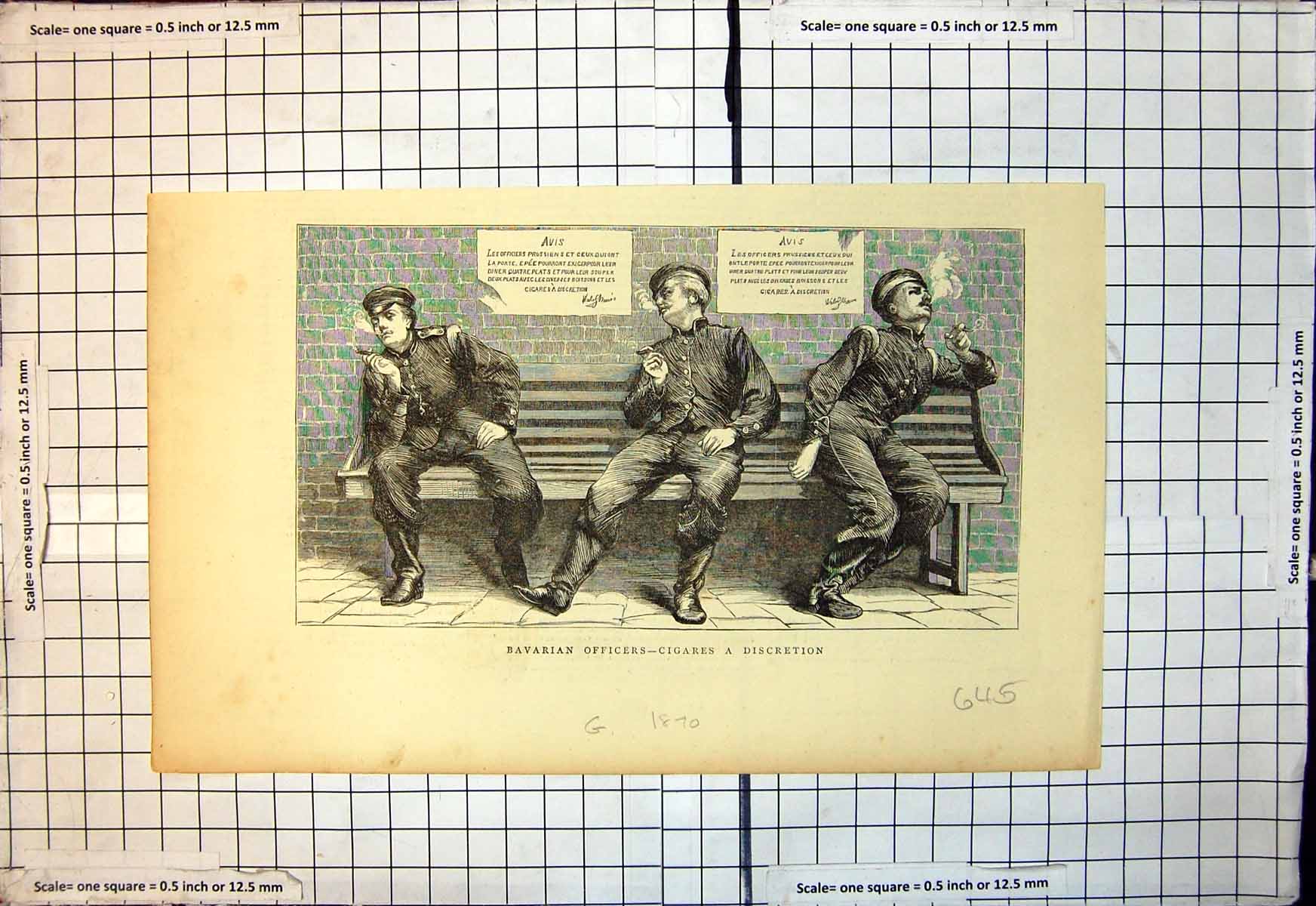 Antique Print Bavarian Ficers Cigares Discretion Sitting Bench Smoking 1870