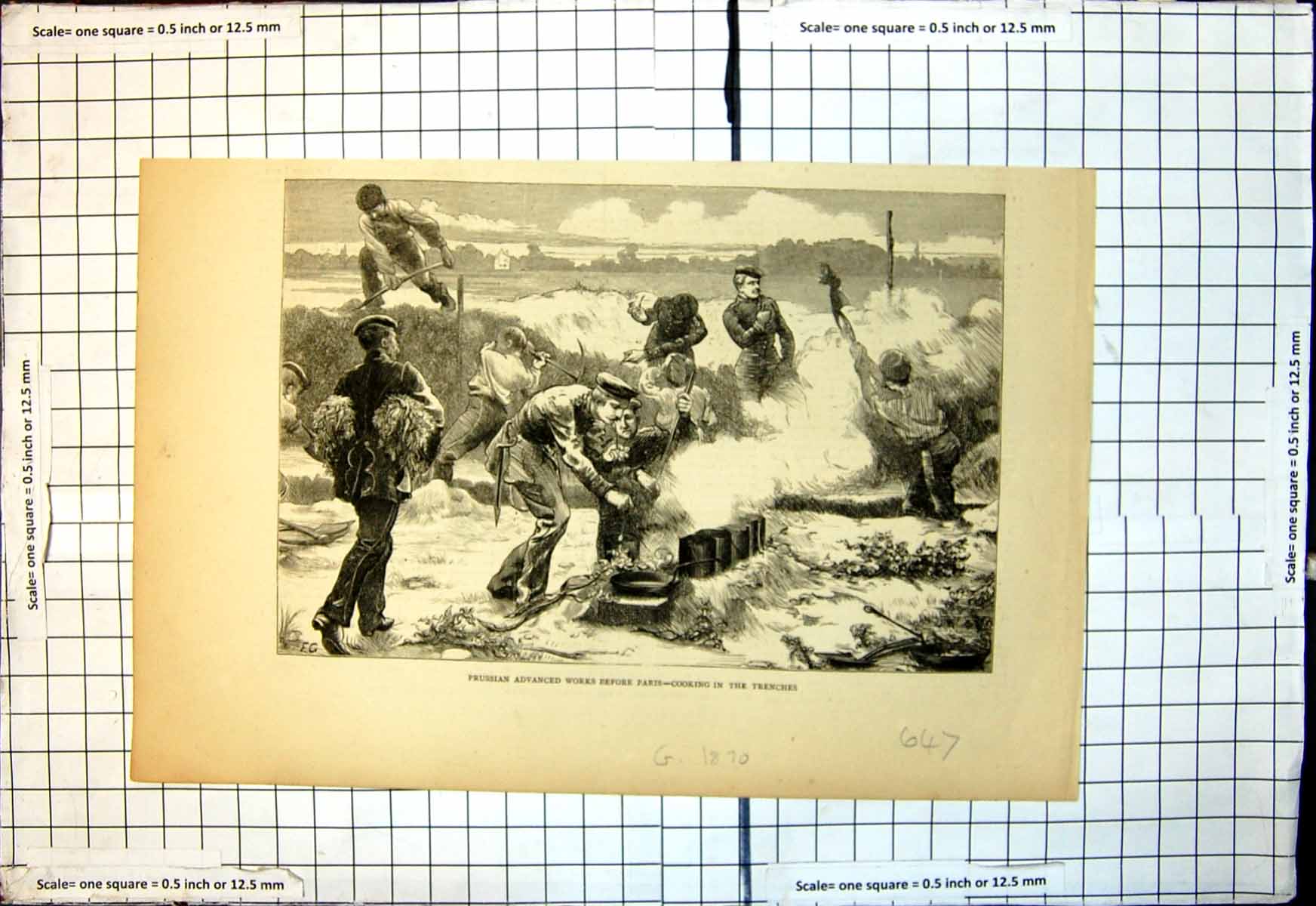 Antique Old Print Prussian Advanced Works Before Paris Cooking Trenches 1870