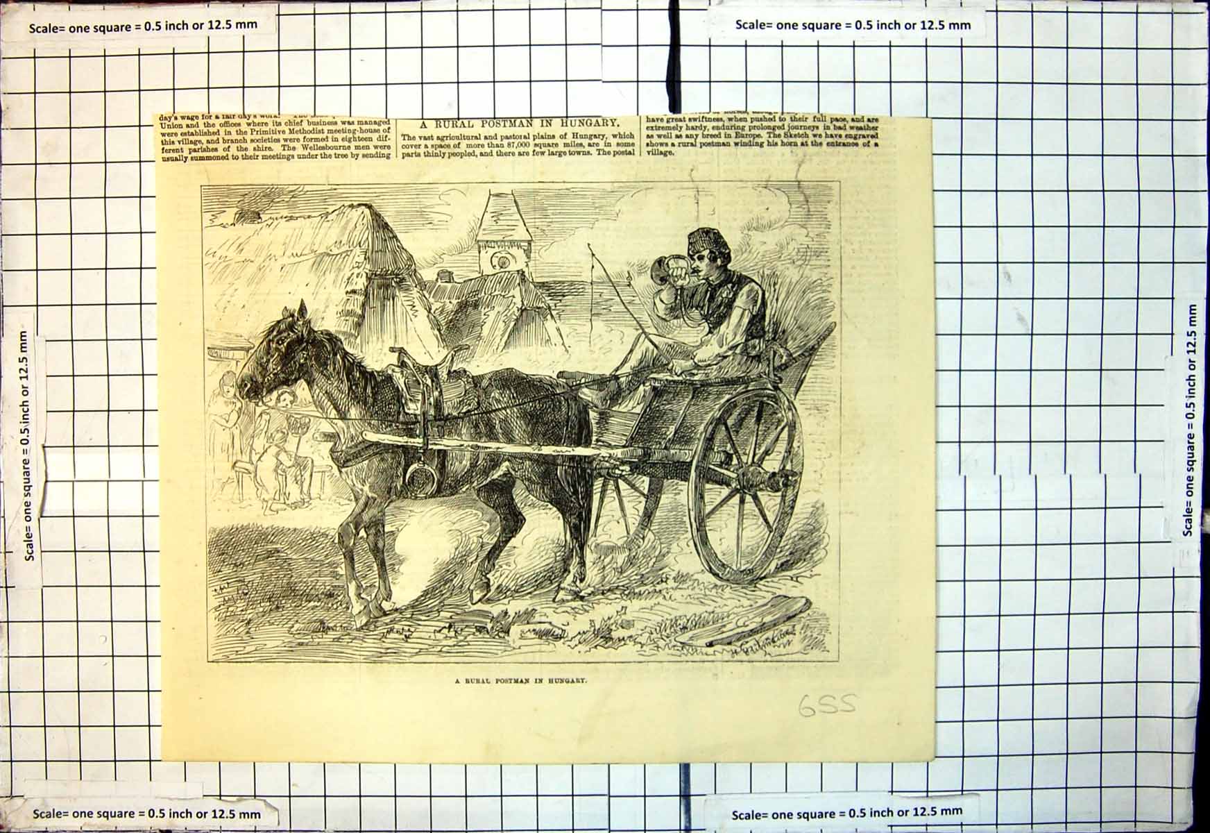 Original Old Antique Print Rural Postman Hungary Horse Cart Playing Bugle