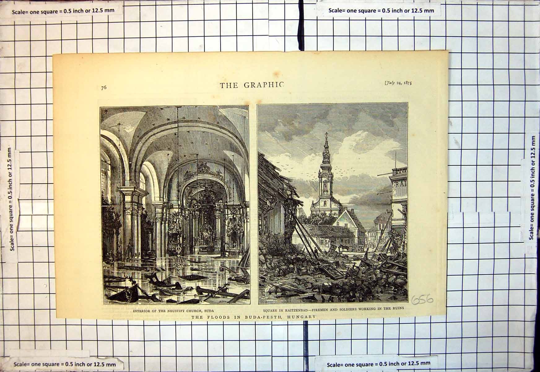 Old Print Floods Buda Pesth Hungary Neustift Church Buda Raitzenbad 1875 19th