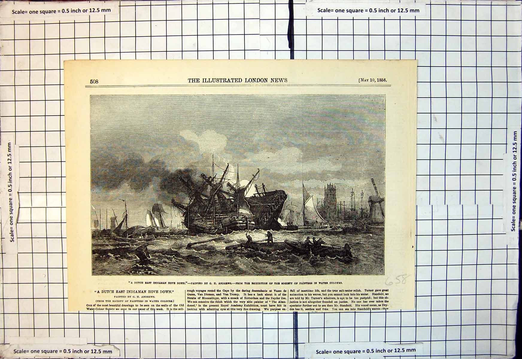 Old Print Dutch East Indiaman Hove Down Gh Andrews Soc Water Colours 1856 19th