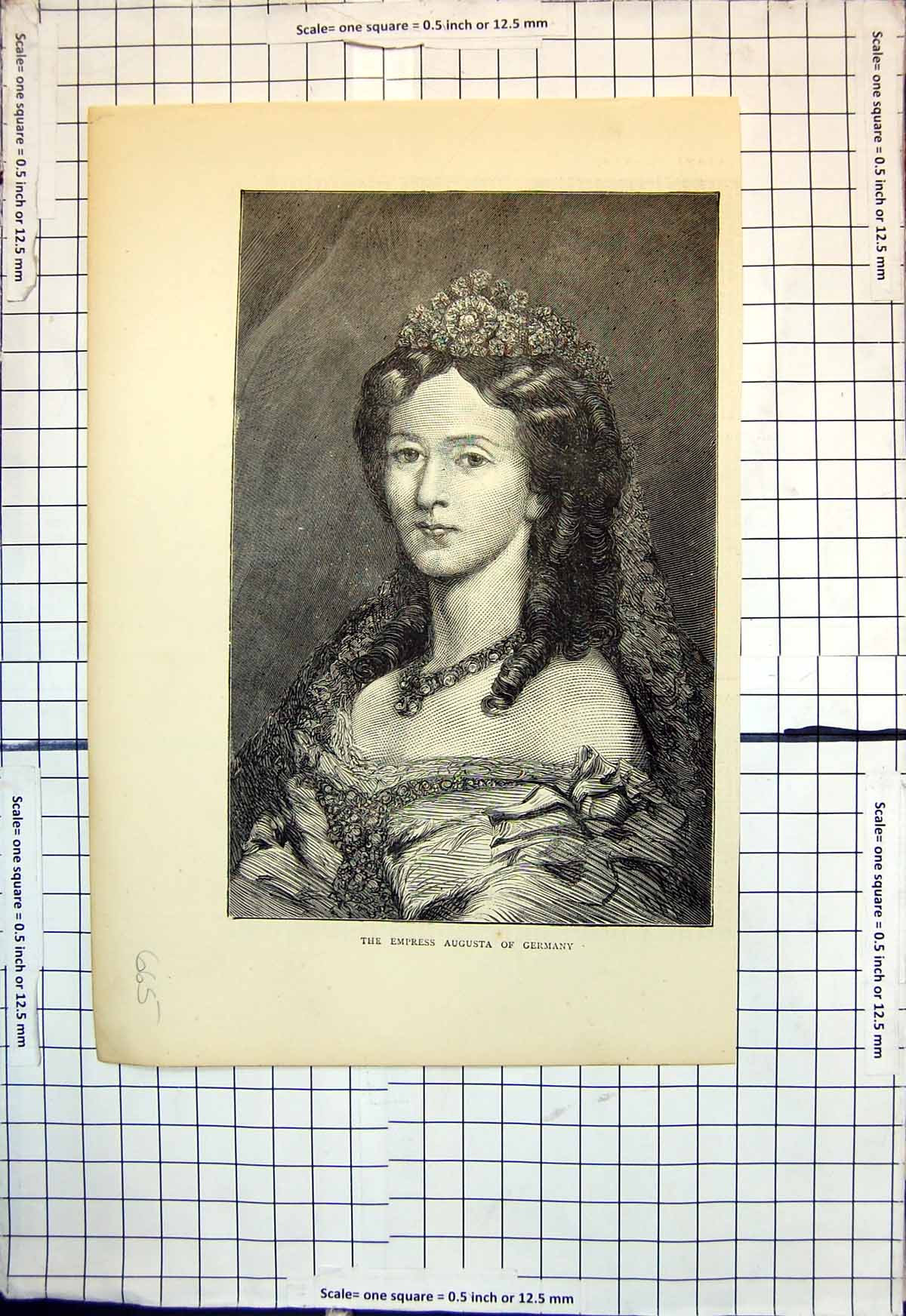 Antique Old Print Portrait Empress Augusta Germany Long Hair Ringlets 1872 19th
