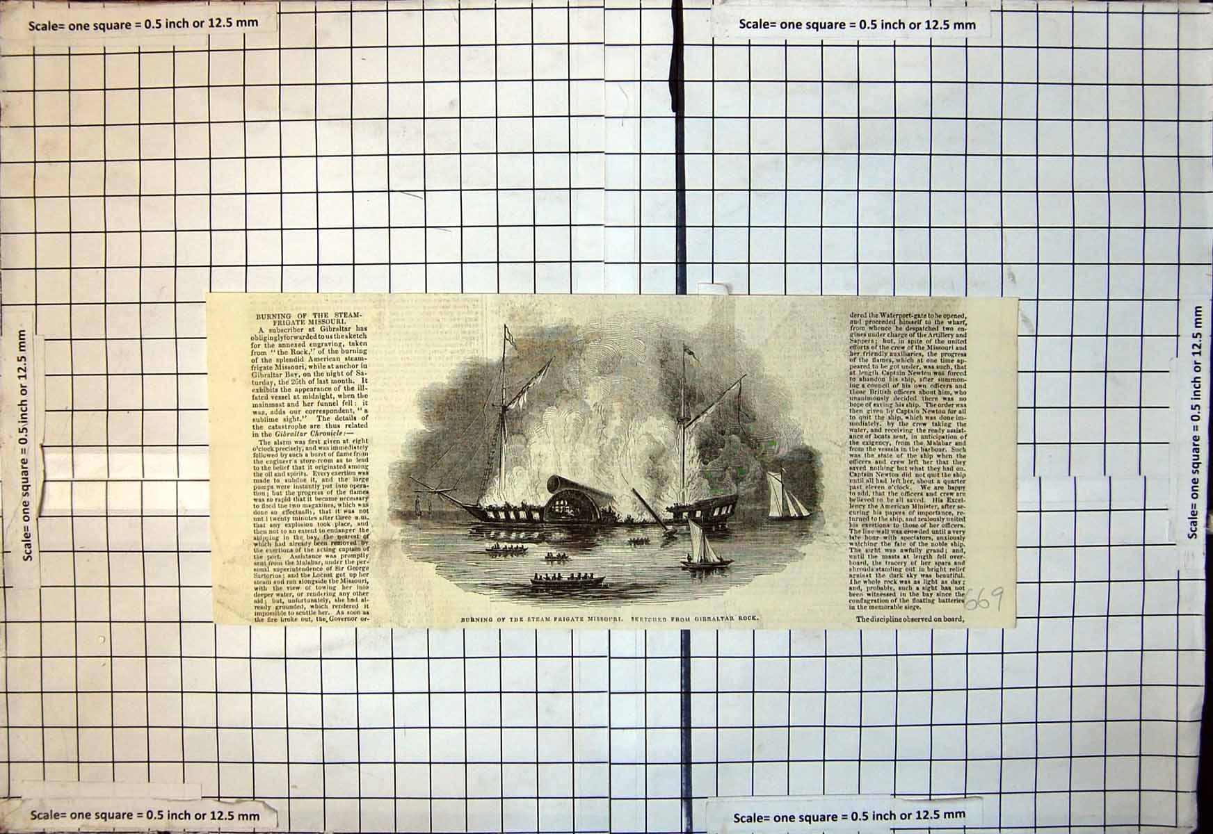 Original Old Antique Print Burning Steam Frigate Missouri From Gibraltar Rock