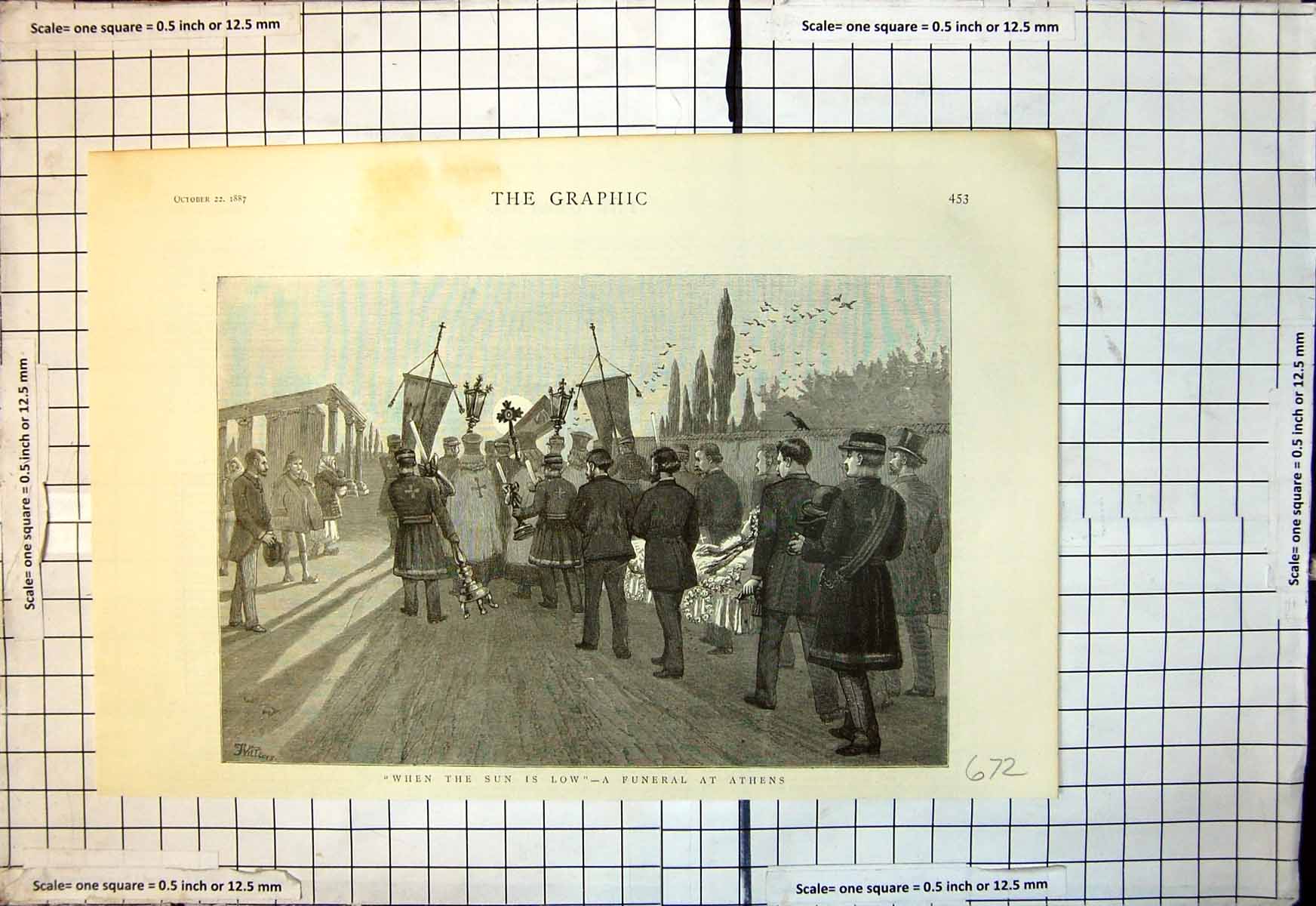 Original Old Antique Print When Sun Is Low Funeral Procession Athens 1887 19th