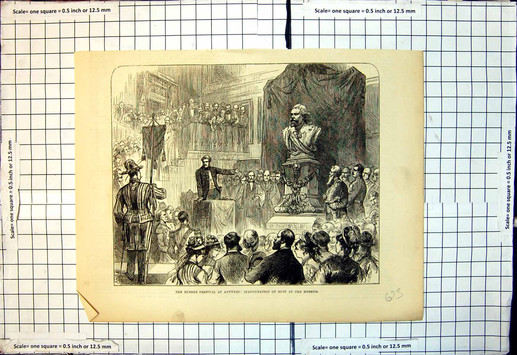 Old Antique Print Rubens Festival Antwerp Inauguration Bust Museum 1877 19th