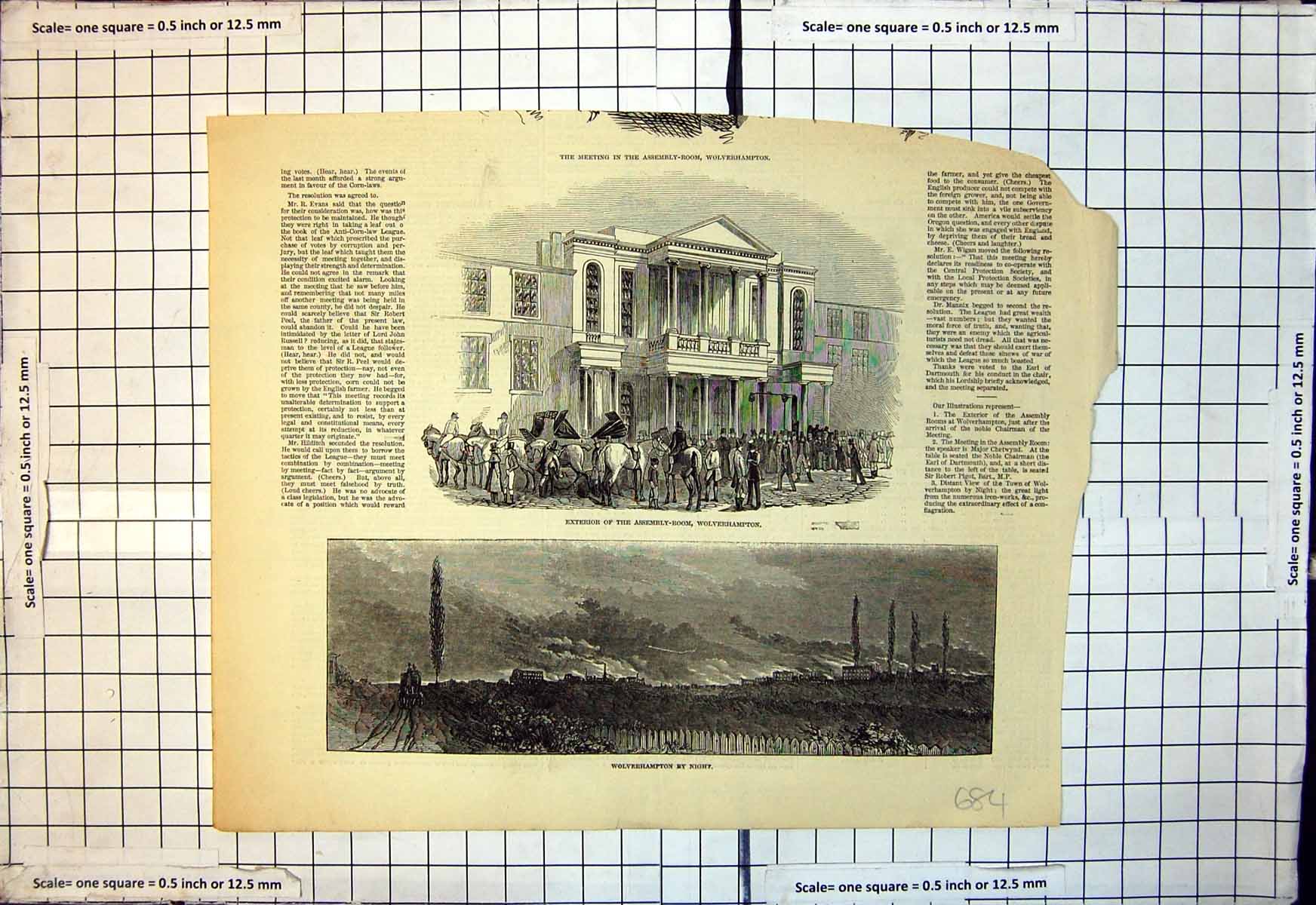 Original Old Antique Print Exterior Assembly Room Wolverhampton Town Night