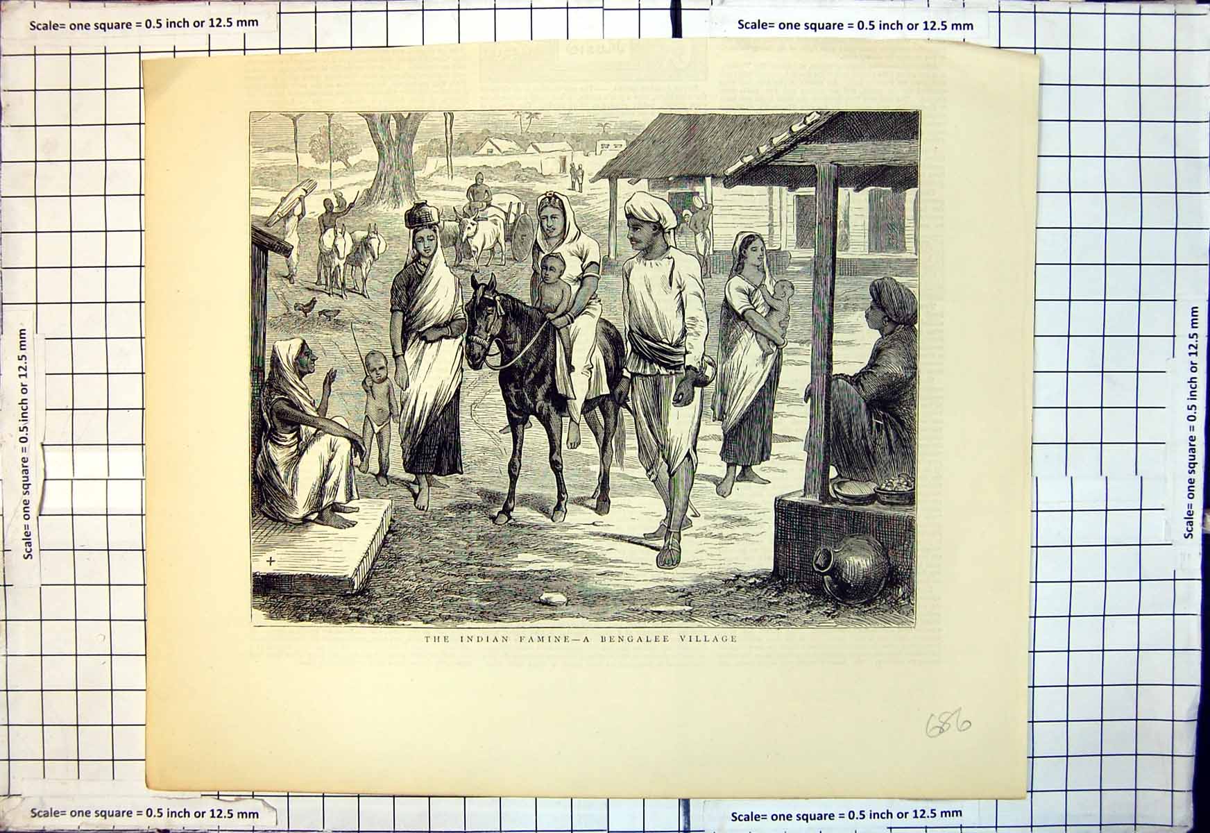 Antique Print Indian Famine Bengalee Village Native Families Horse Chickens
