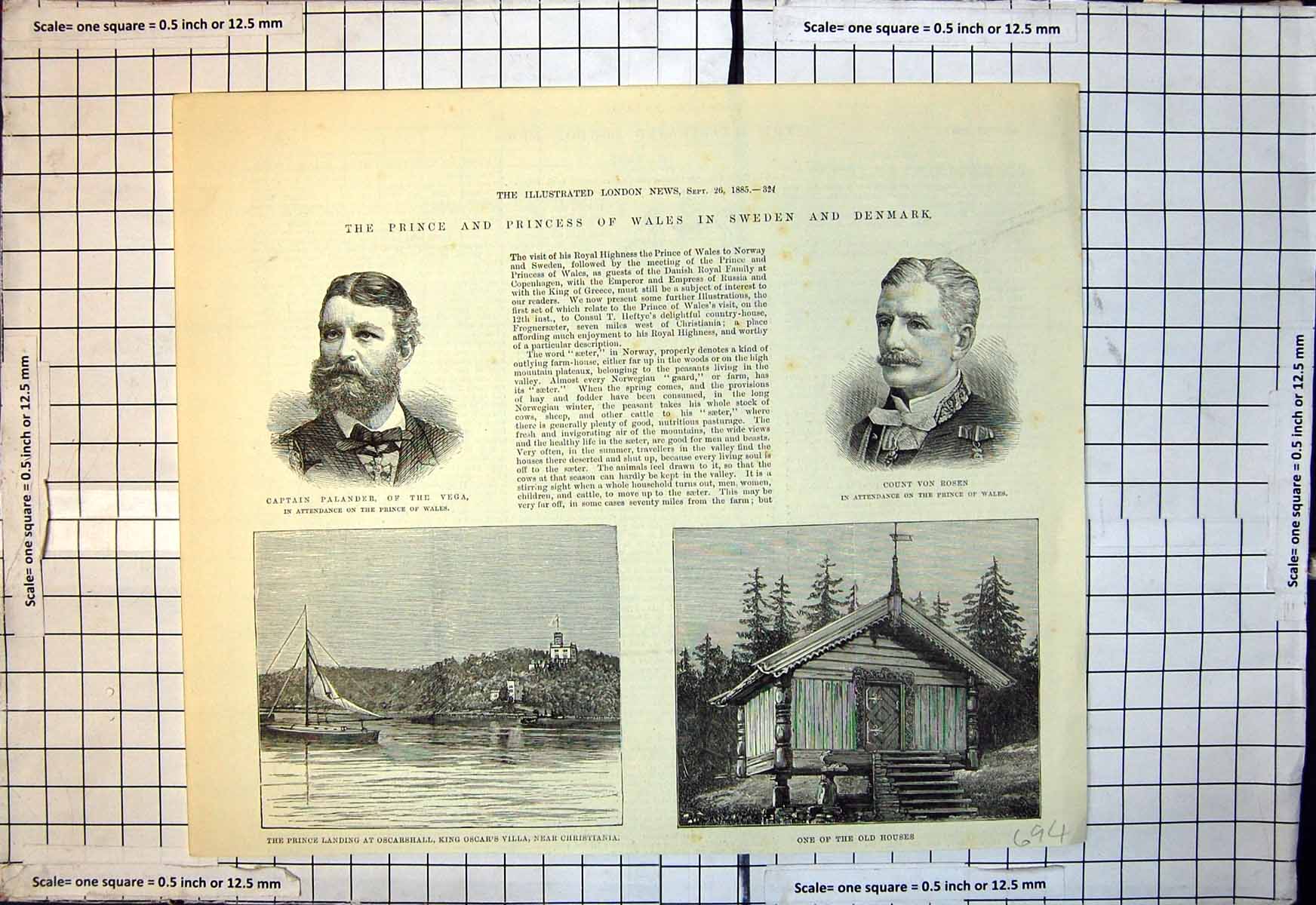 Antique Old Print Prince Princess Wales Sweden Denmark Count Von Rosen 1885