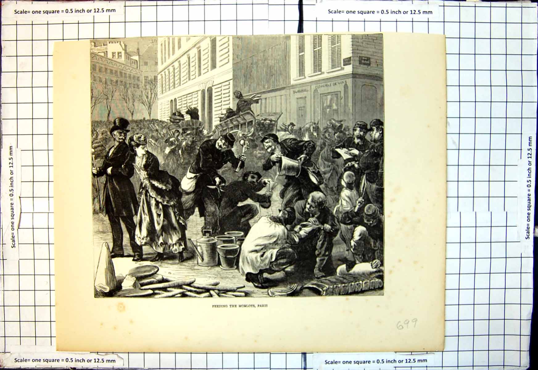 Original Old Antique Print Feeding Moblots Paris Handing Out Bread Milk Churns