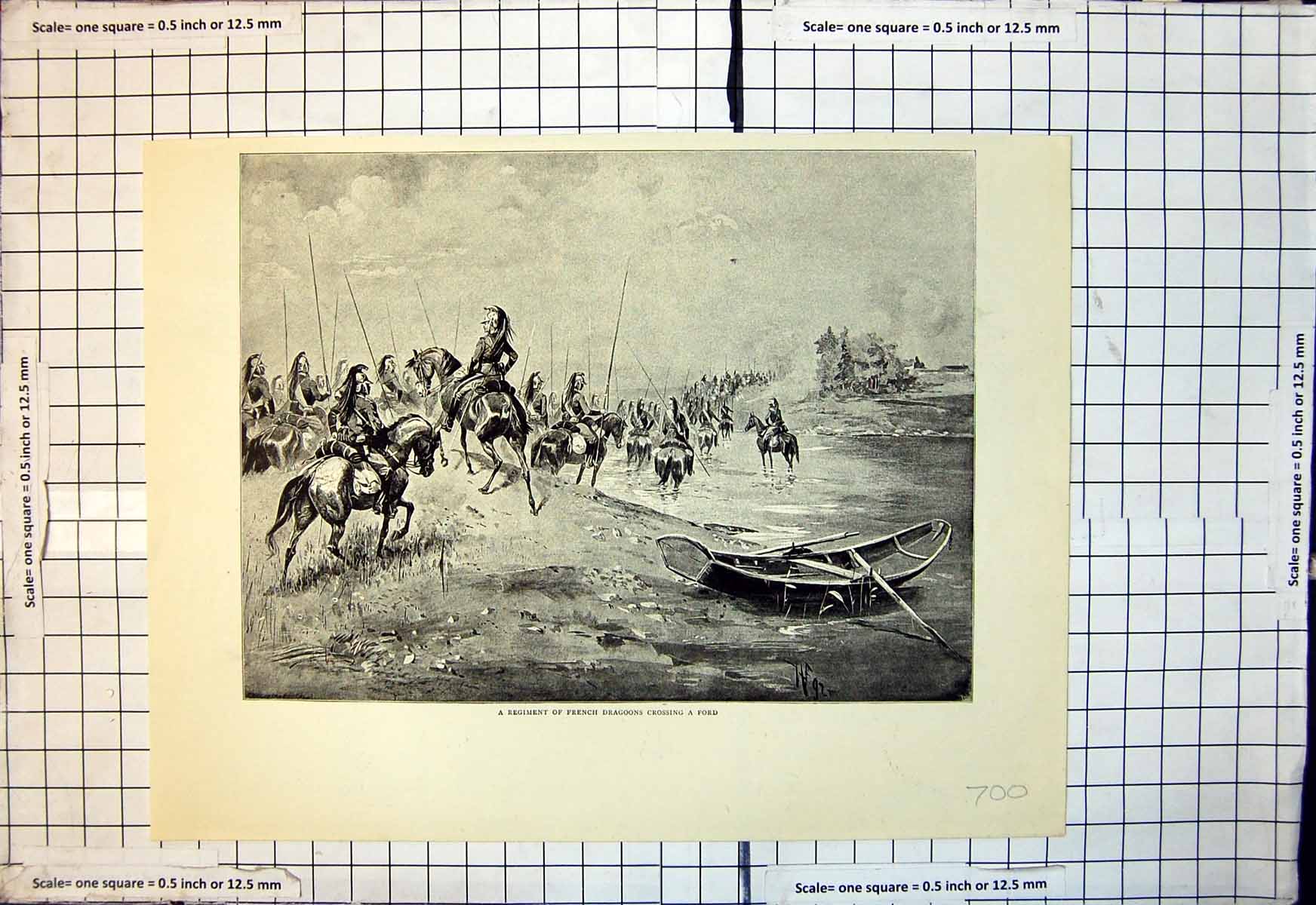 Old Antique Print Regiment French Dragoons Crossing Ford Boat Oars 1893 19th