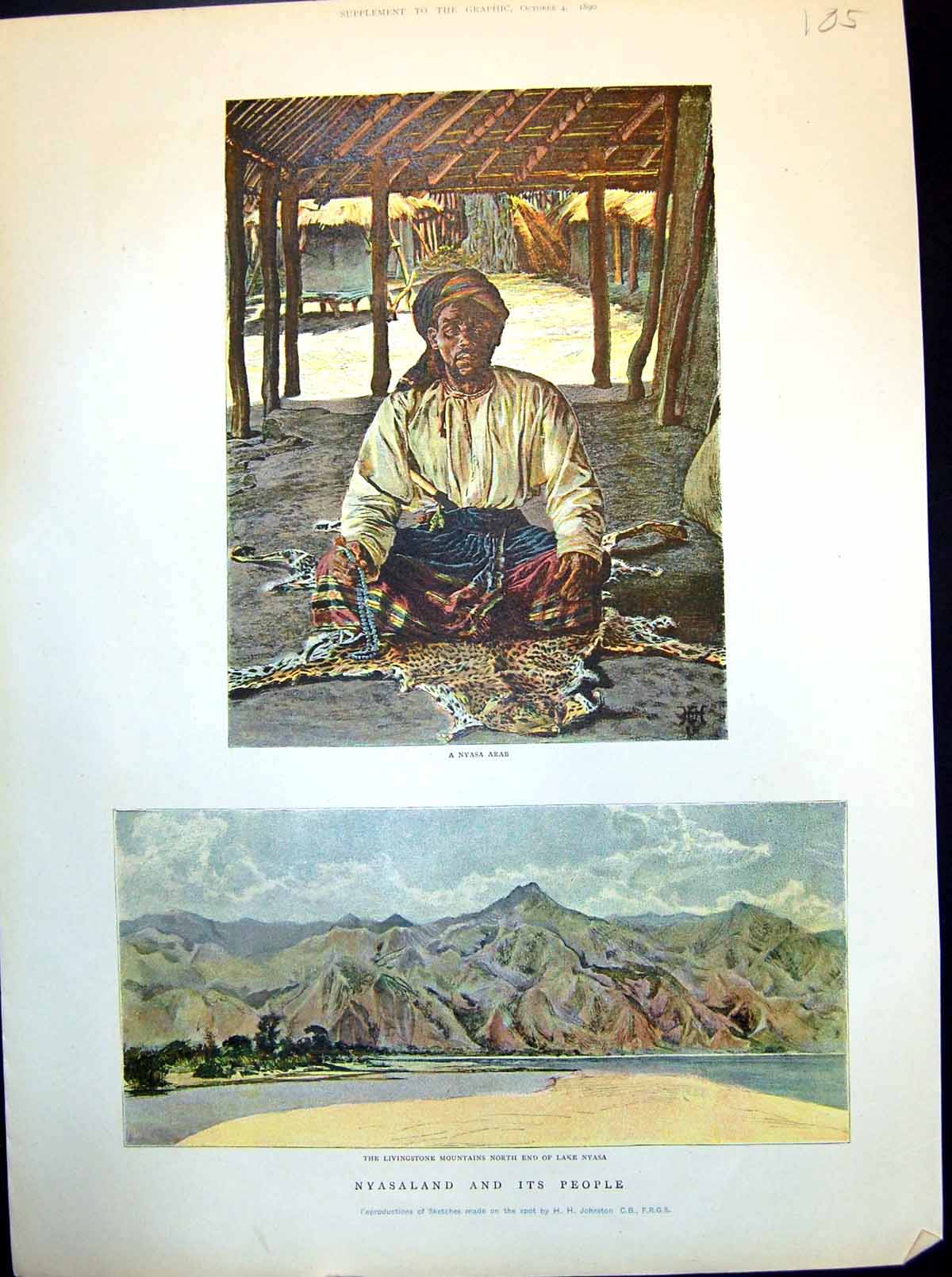 Antique Old Print Nyasaland People Nyasa Arab Livingstone Mountains Lake 1890
