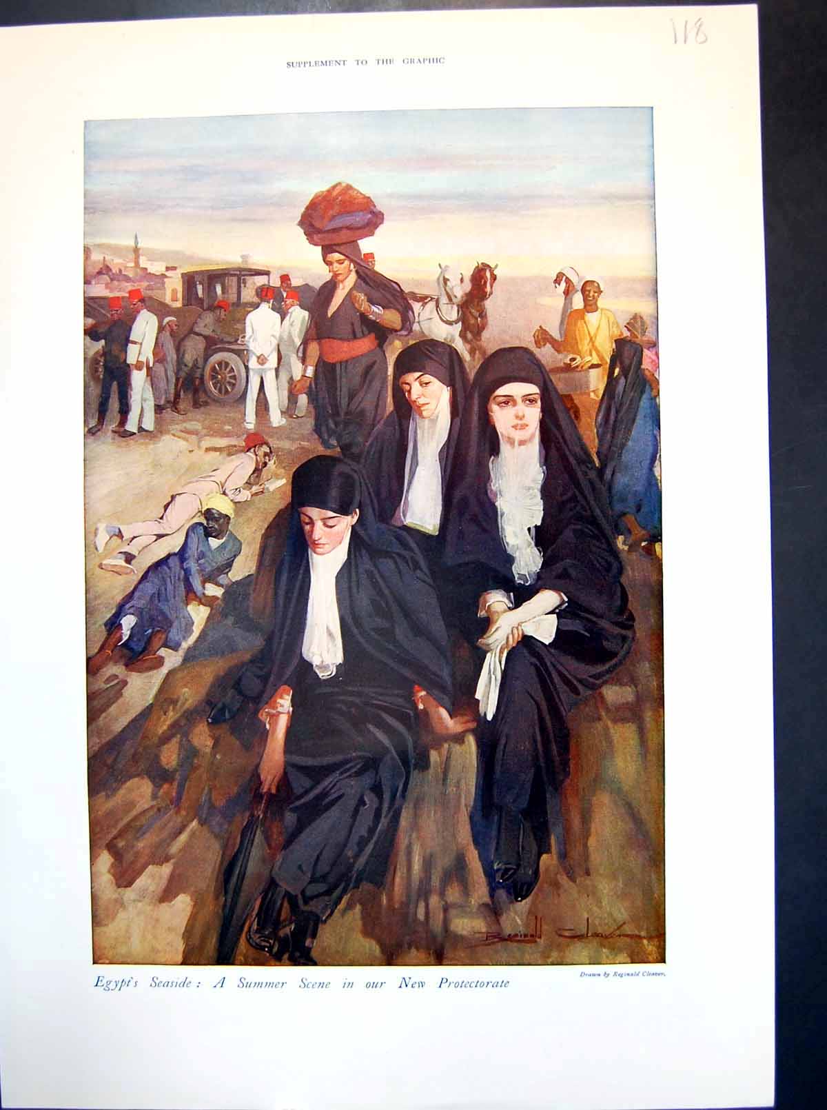 Antique Old Print Egypt'S Seaside Summer Scene In New Protectorate R Cleaver