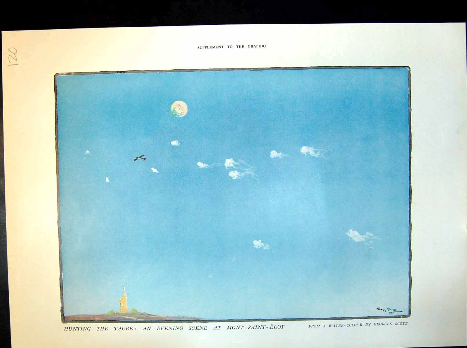Antique Print Hunting Taube Evening Scene Mont-Saint-Eloy Aeroplane G Scott
