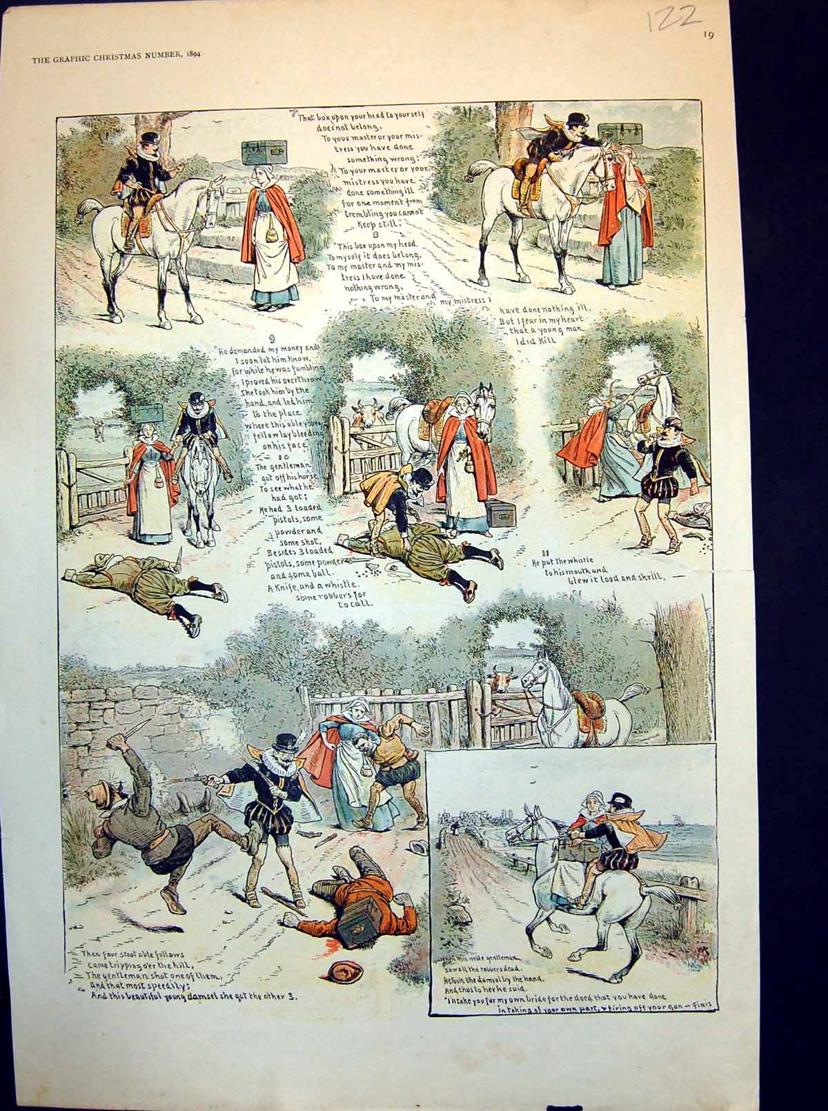 Antique Old Print Young Miss Robbers Gallant Aide Horse Story Riding Off 1894