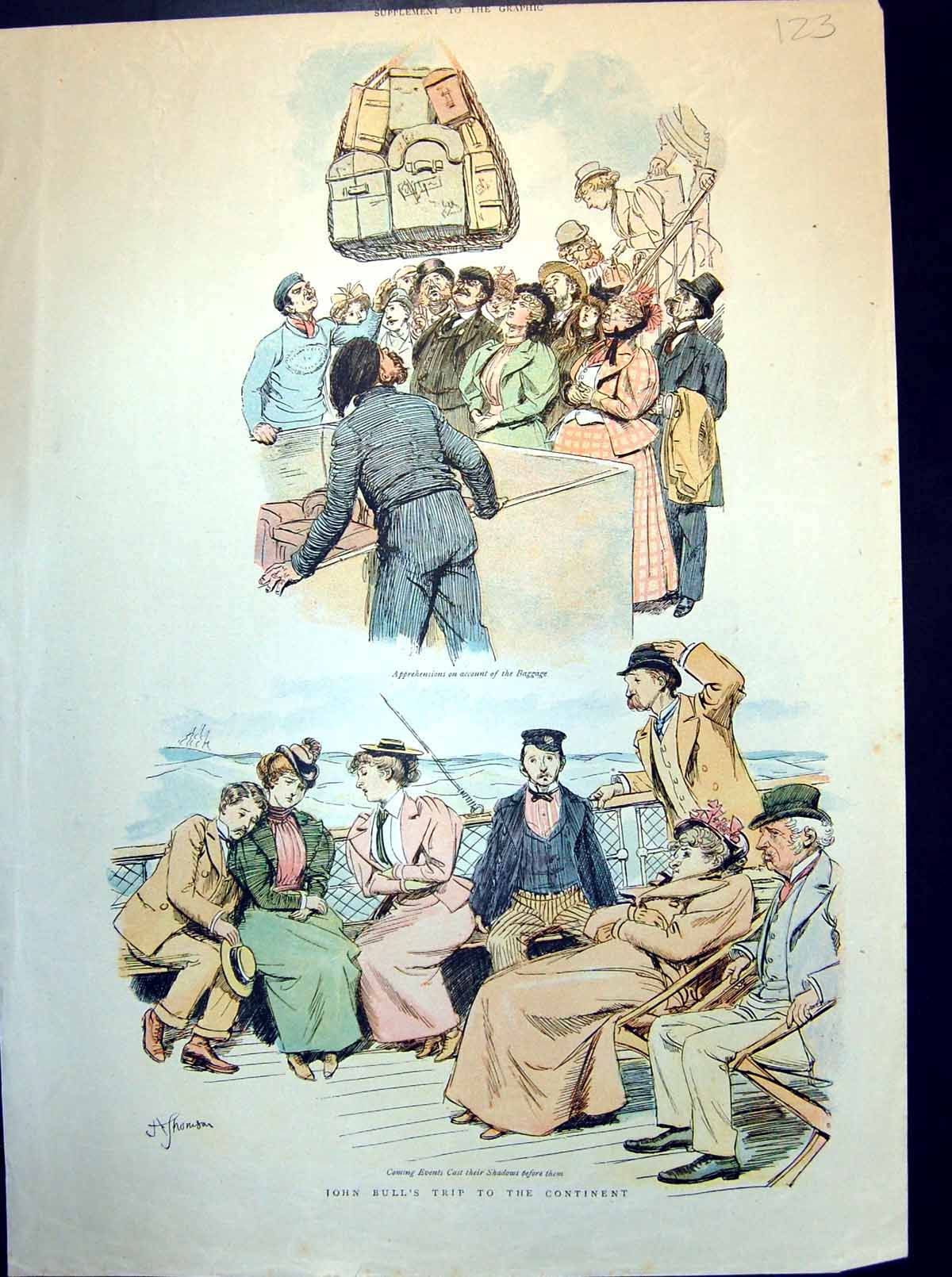 Antique Old Print John Bull'S Trip To The Continent Luggage Loaded Queasiness