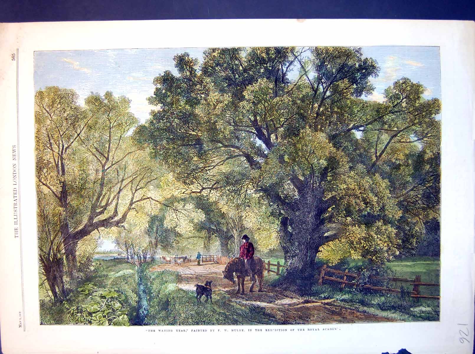 Original Old Antique Print The Waning Year Fw Hulme Horse Dog Cattle Trees 1863