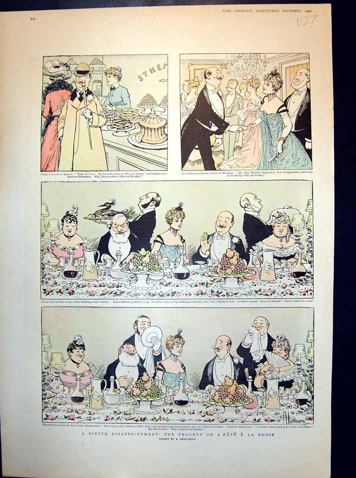 Old Print Dinner Party Guests Dishes Wine One Awaits Pate A La Russe 1902 20th
