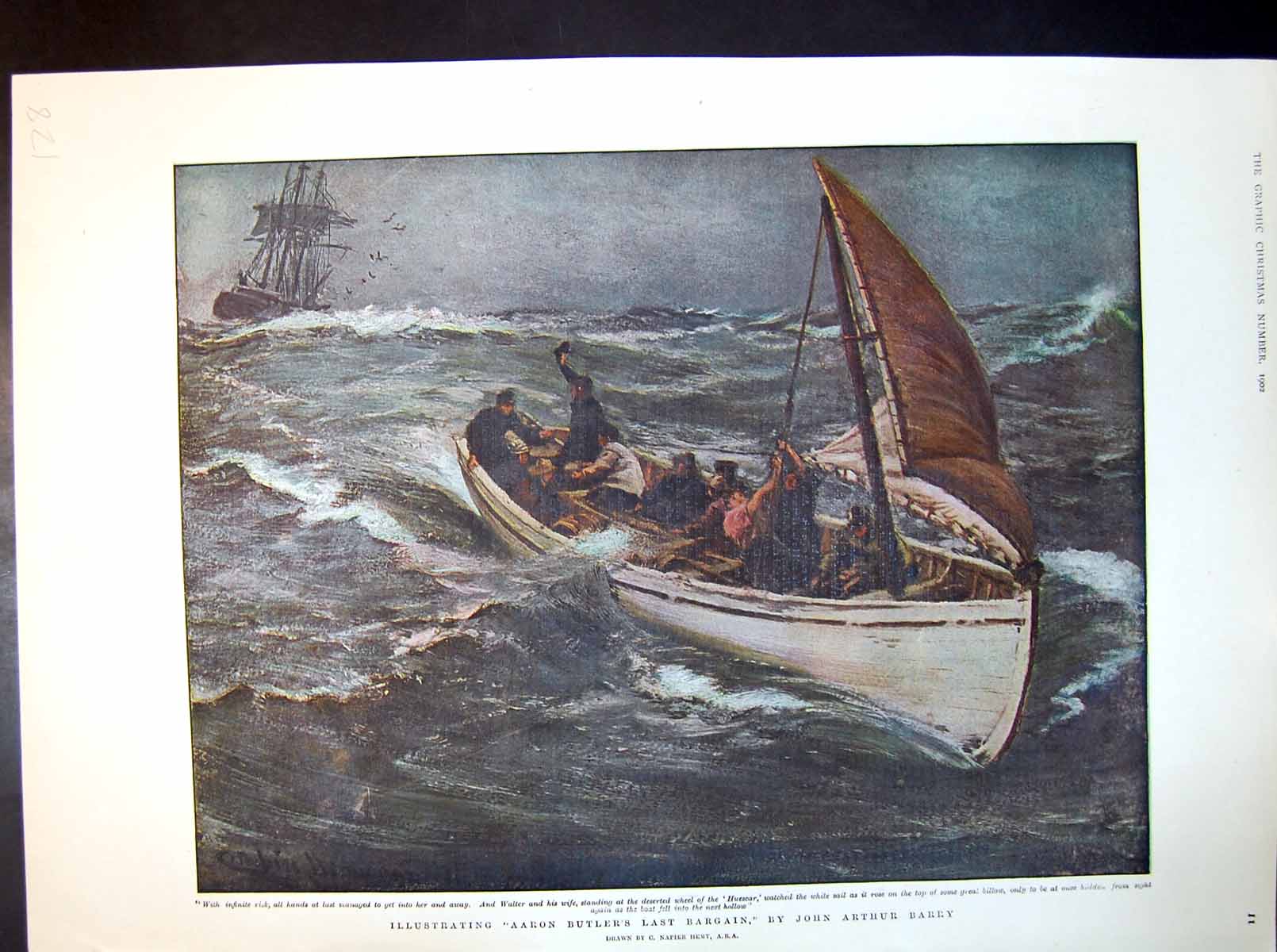 Old Print Aaron Butler'S Last Bargain Ja Barry Ship Lifeboat At Sea 1902 20th