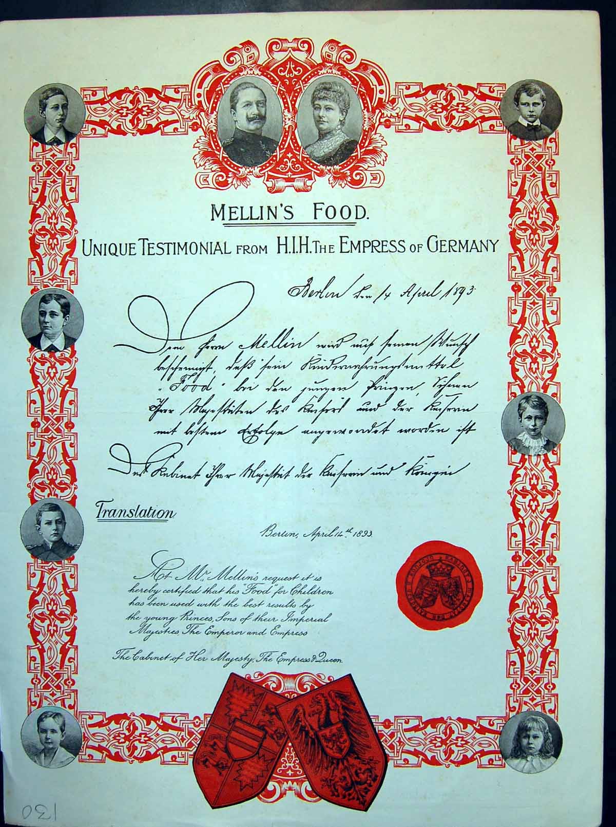 Old Print Mellin'S Food Testimonial From H.I.H. The Empress Germany 1897 19th