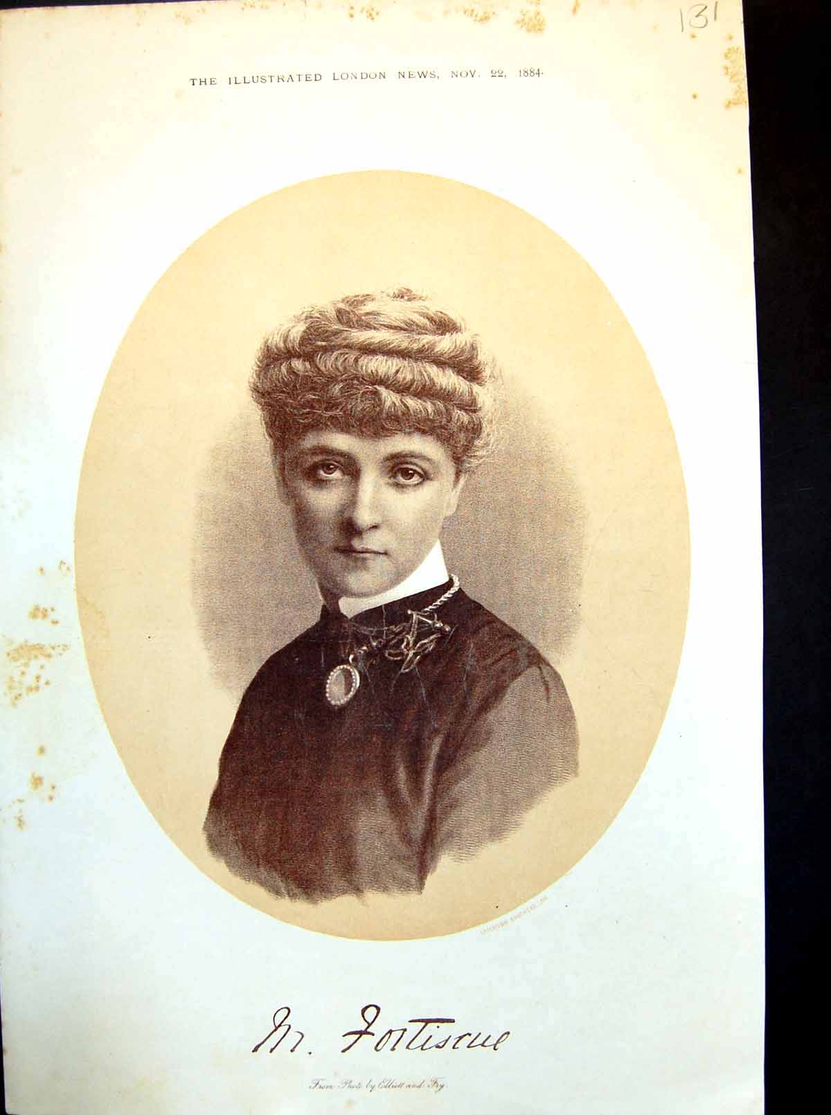 Original Old Antique Print M. Fortiscue Portrait Lady Oval Cameo Necklace 1884