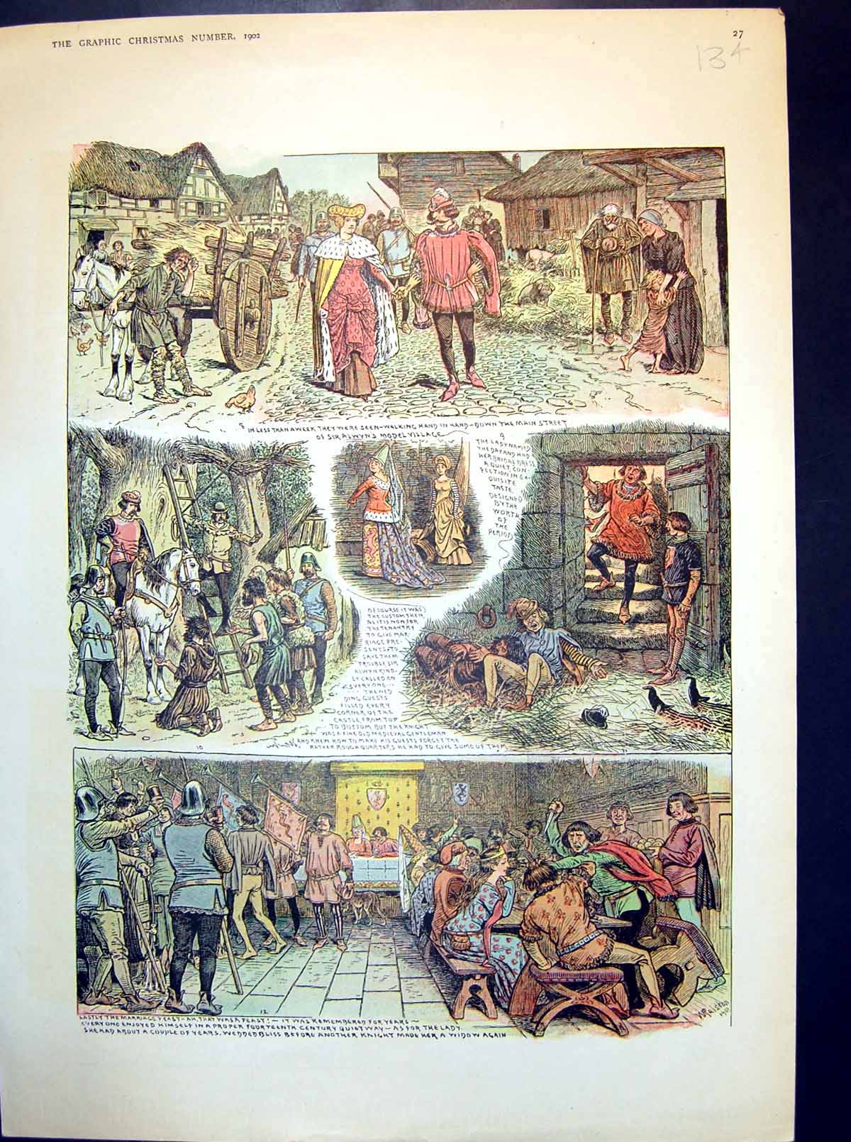 Antique Old Print Bride And Groom Sir Alwyn'S Model Village Feast Castle 1902