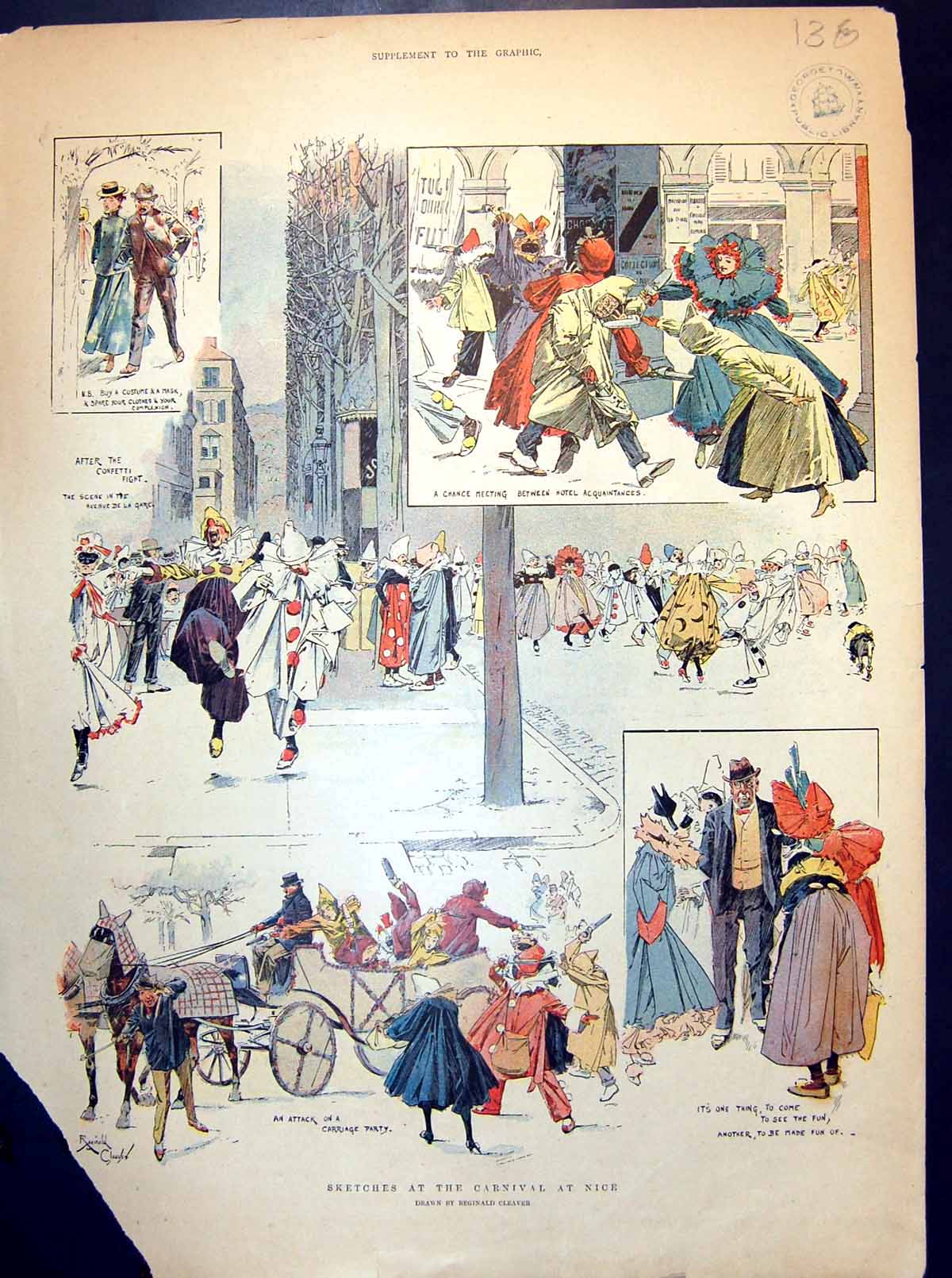 Antique Old Print Damaged Sketches The Carnival Nice Attack On Carriage Party