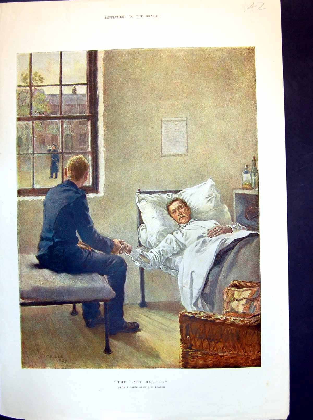 Antique Old Print The Last Muster Painting Jp Beadle Man Ill Bed Hing Hand