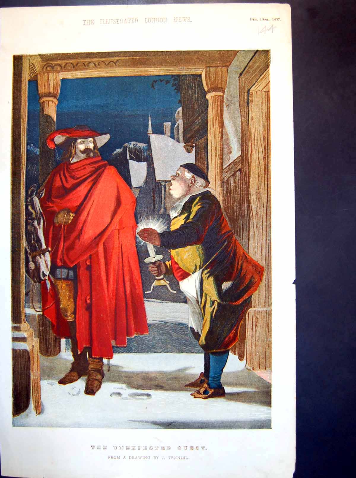 Antique Old Print The Unexpected Guest From Drawing J Tenniel Man Snow 1857