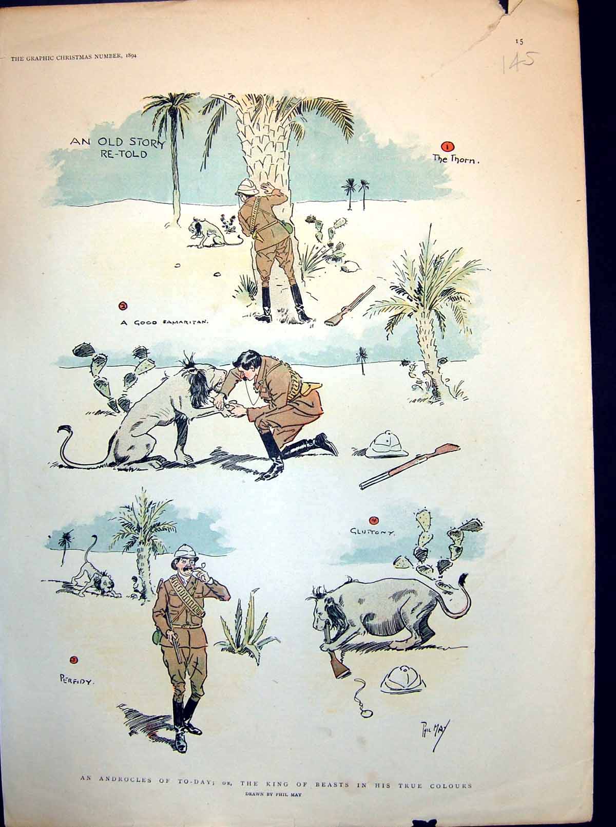 Antique Old Print Androcles Today Thorn Man Helps Lion Perfidy Gluttony 1894
