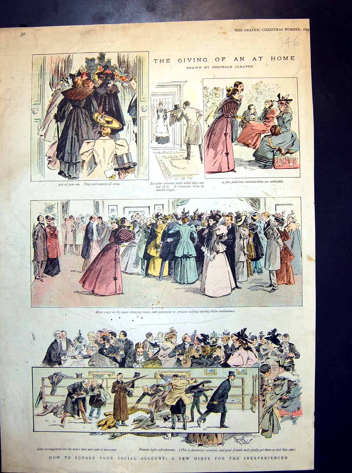 Antique Old Print The Giving An At Home Advice Songs Light Refreshments 1894
