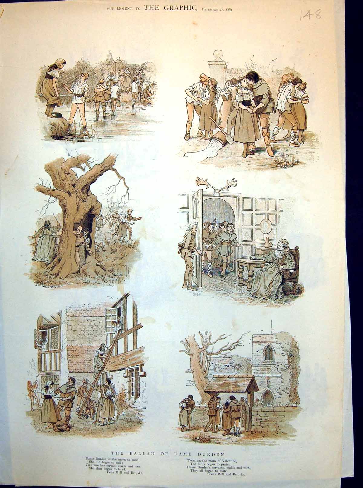 Antique Old Print The Ballad Dame Durden Maids And Labourers Pairing Up 1884