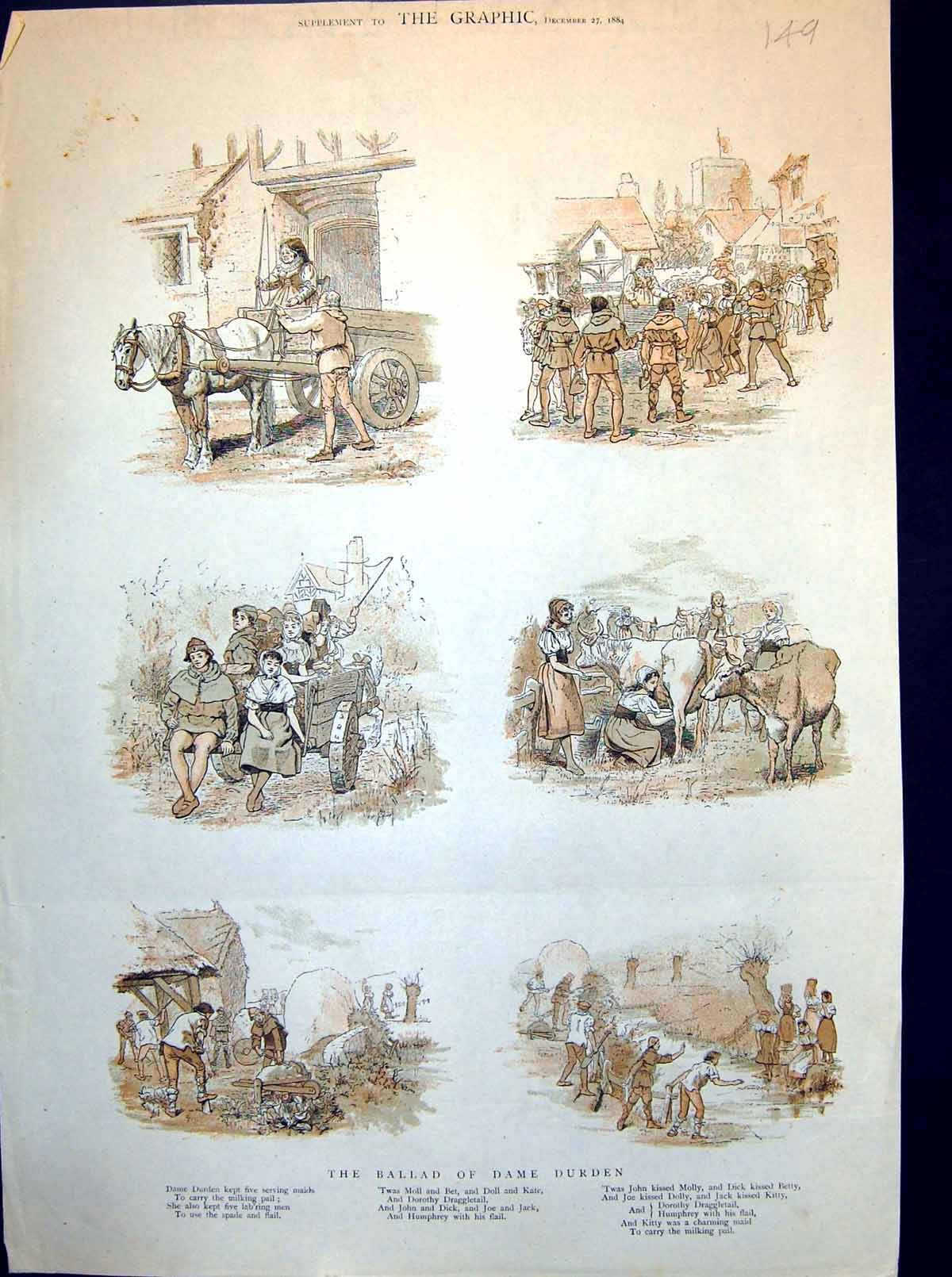 Old Antique Print The Ballad Dame Durden Maids And Labourers Working 1884 19th