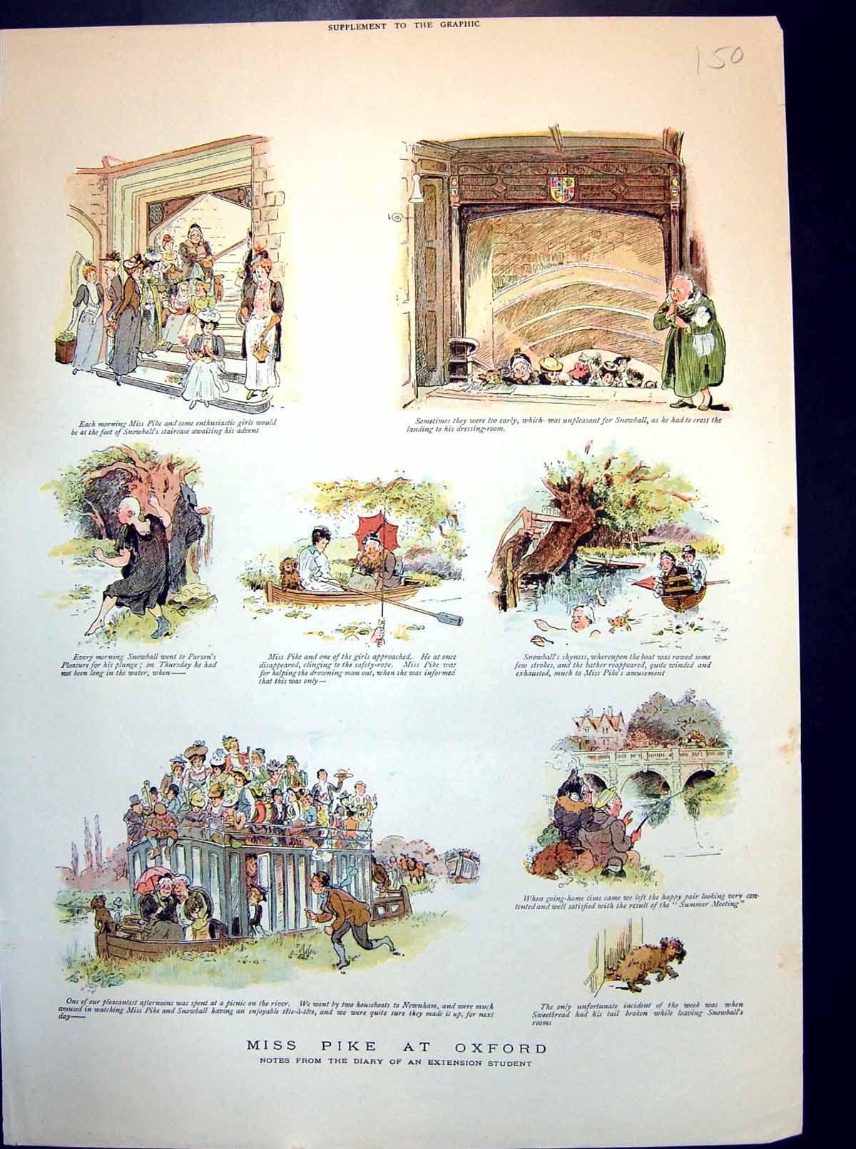 Antique Old Print Miss Pike At Oxford Scenes River Houseboat Summer Meeting