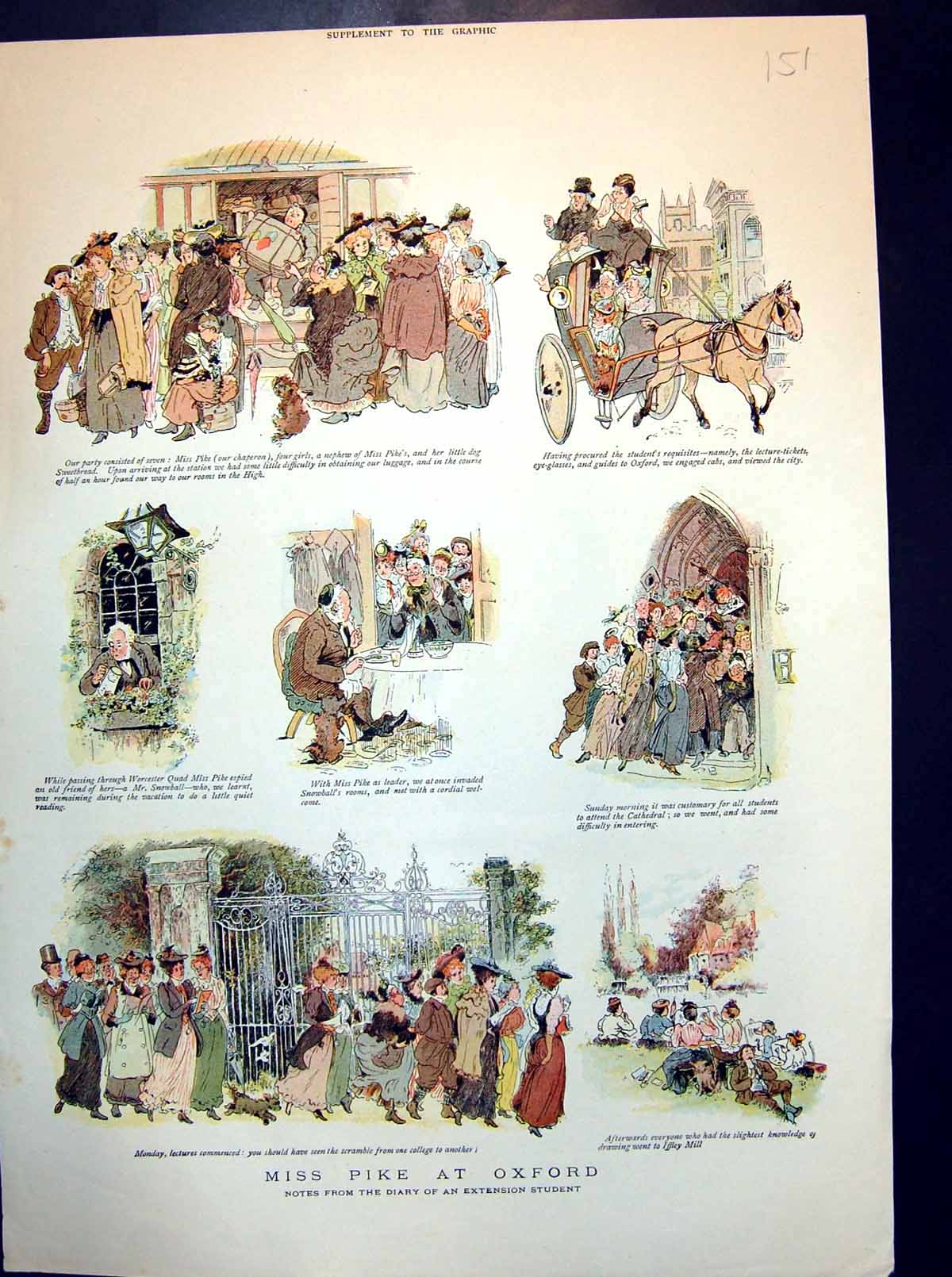 Antique Old Print Miss Pike At Oxford Cathedral Scramble For Lectures Drawing