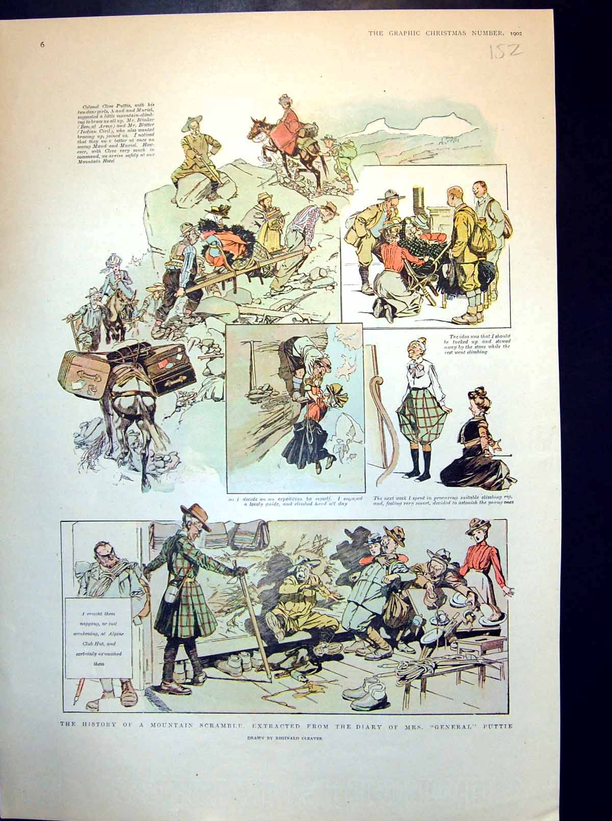 Original Old Antique Print History A Mountain Scramble Mrs General Puttie 1902